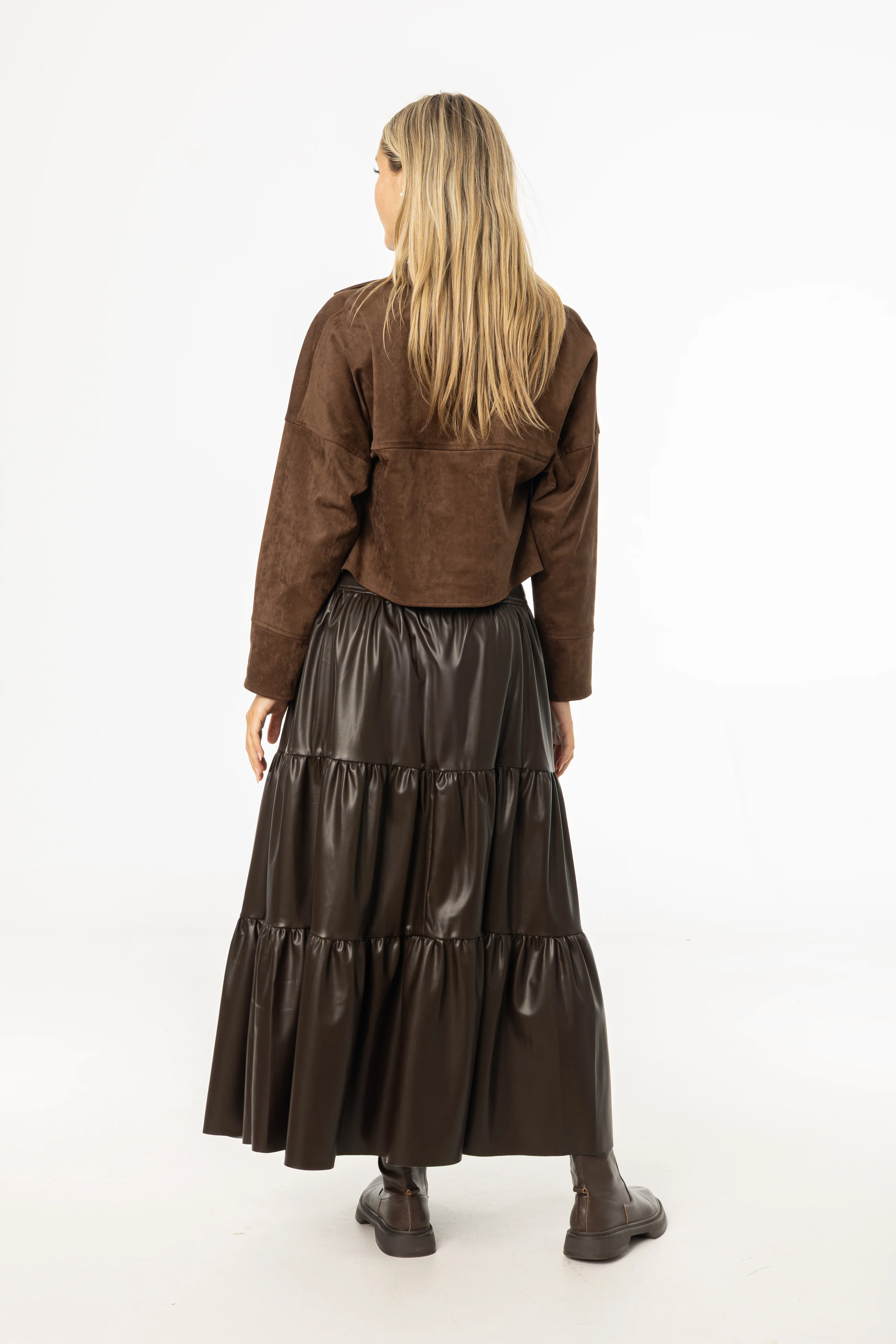 Brown Layered Faux Leather Skirt - Image 3