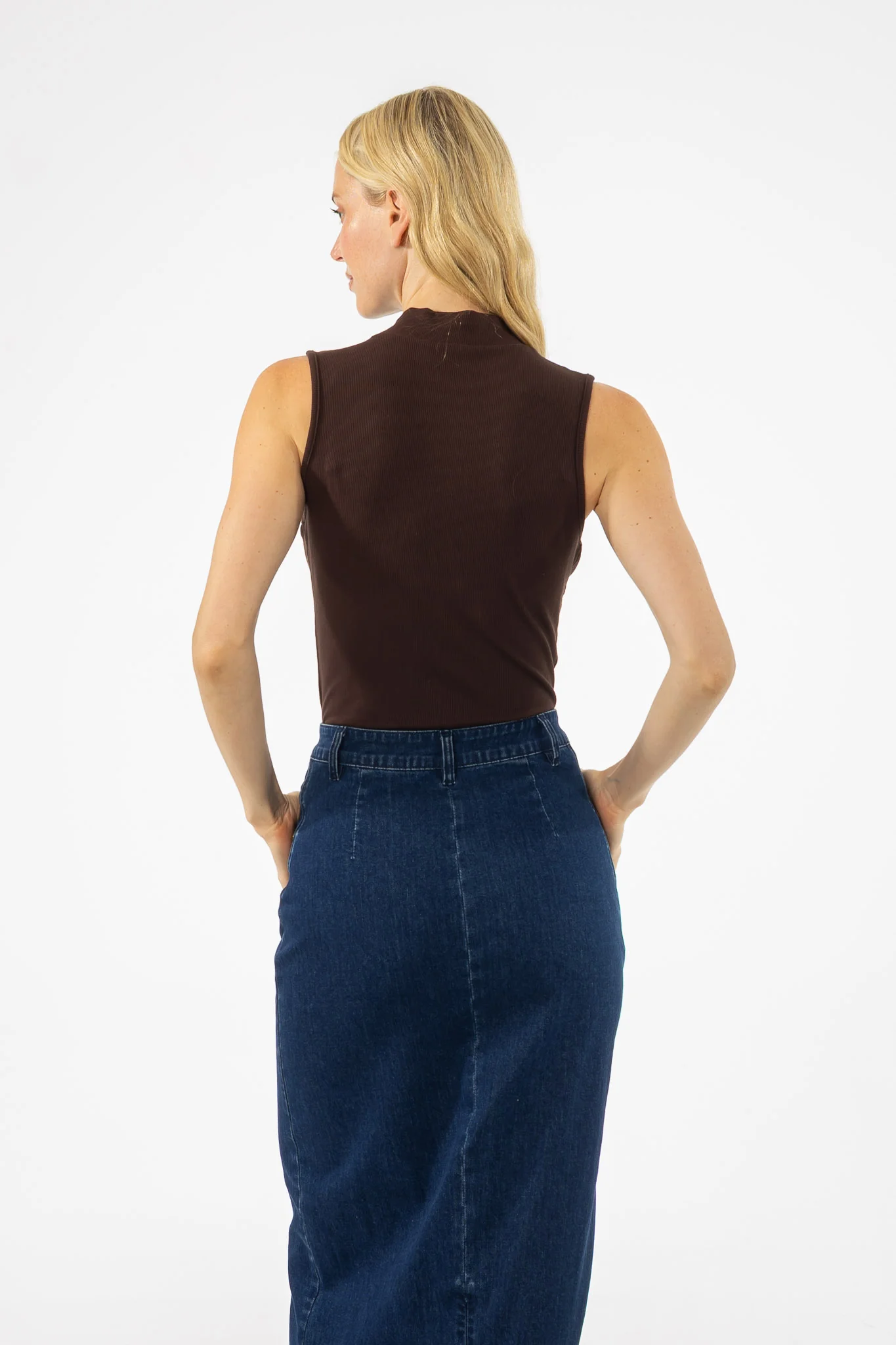 Brown Ribbed Sleeveless Mock Neck Top - Image 3