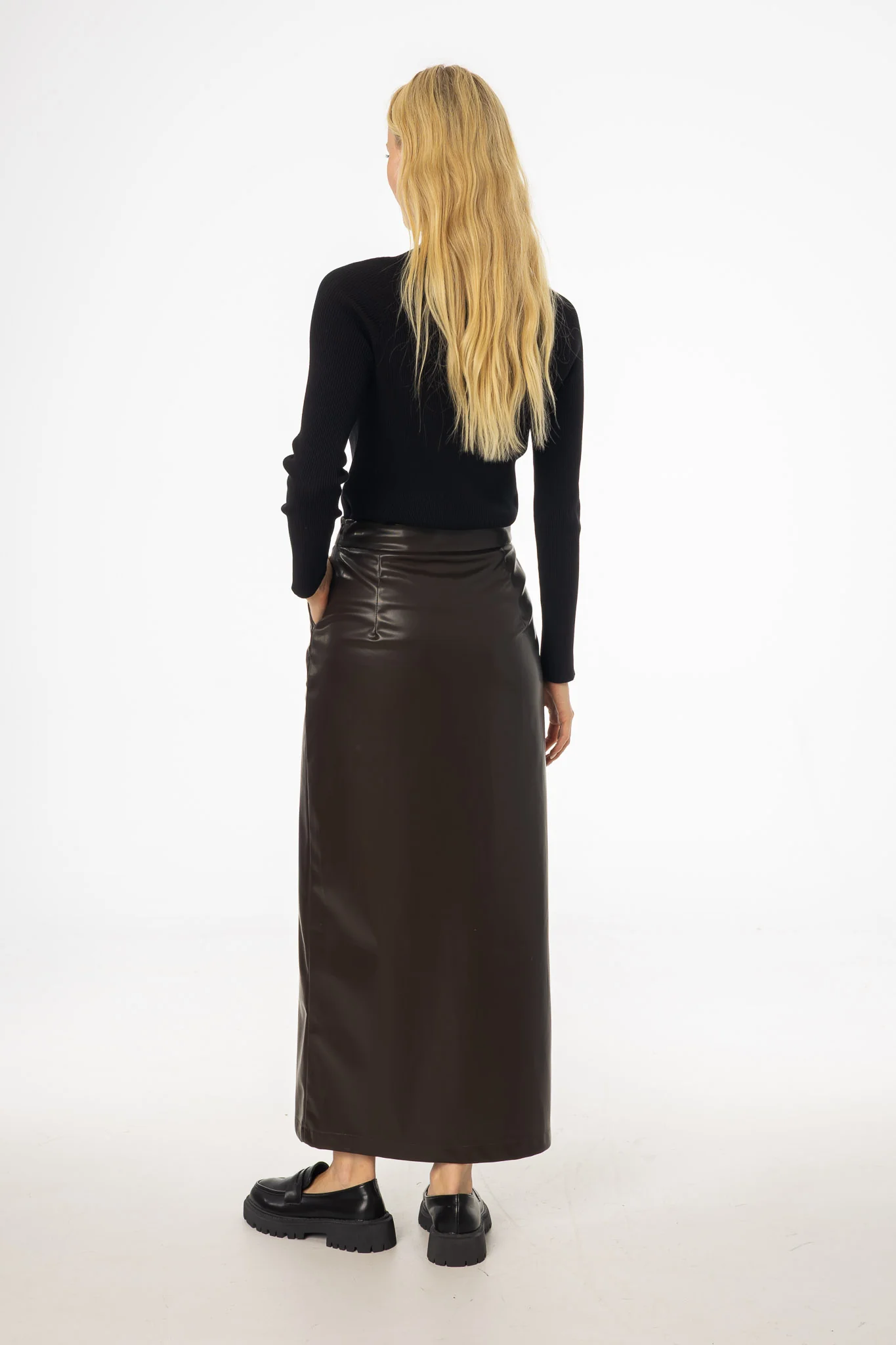 Brown Straight Vegan Leather Skirt - Image 4