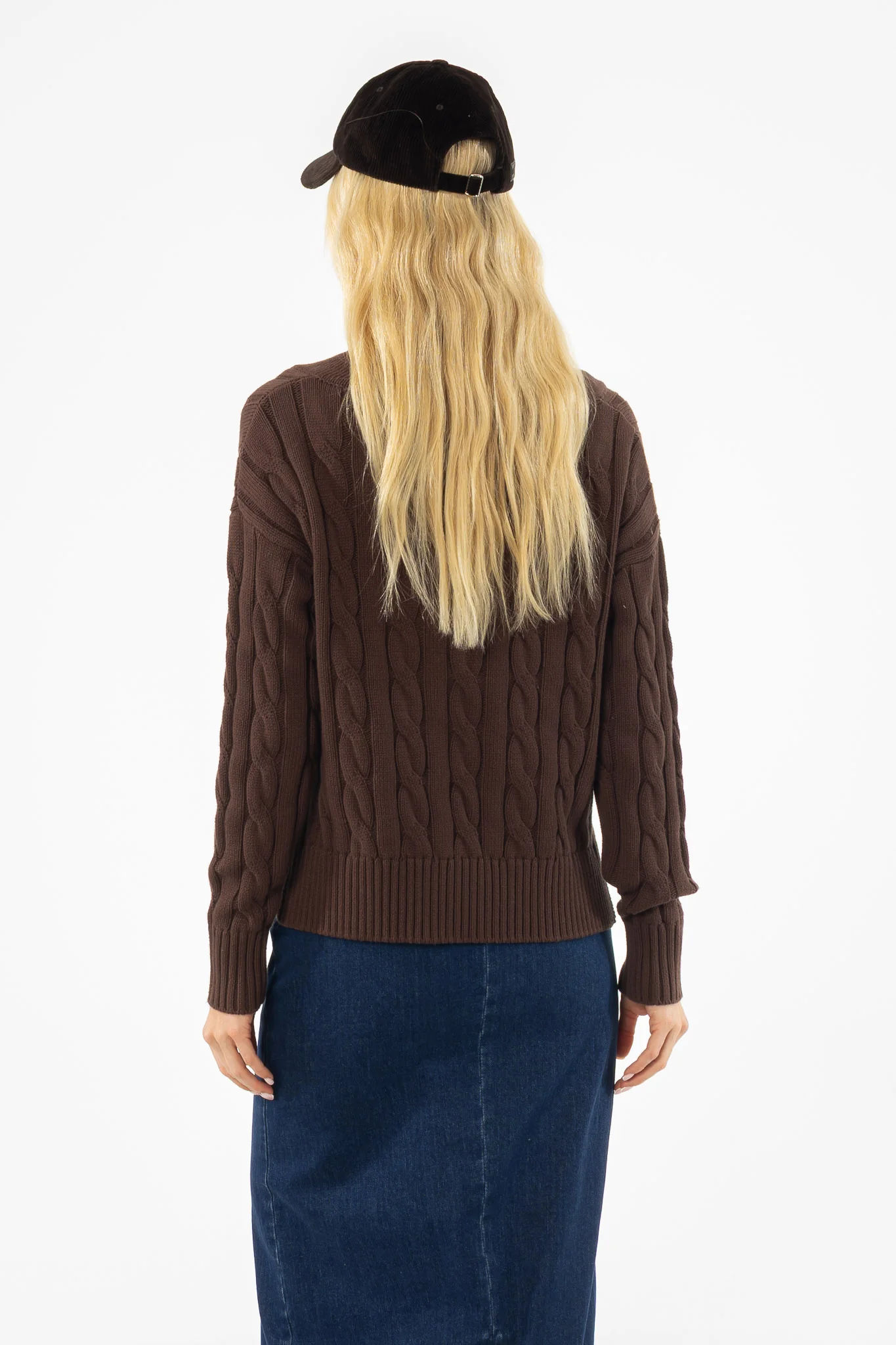Brown V-Neck Cable Knit Sweater - Image 4