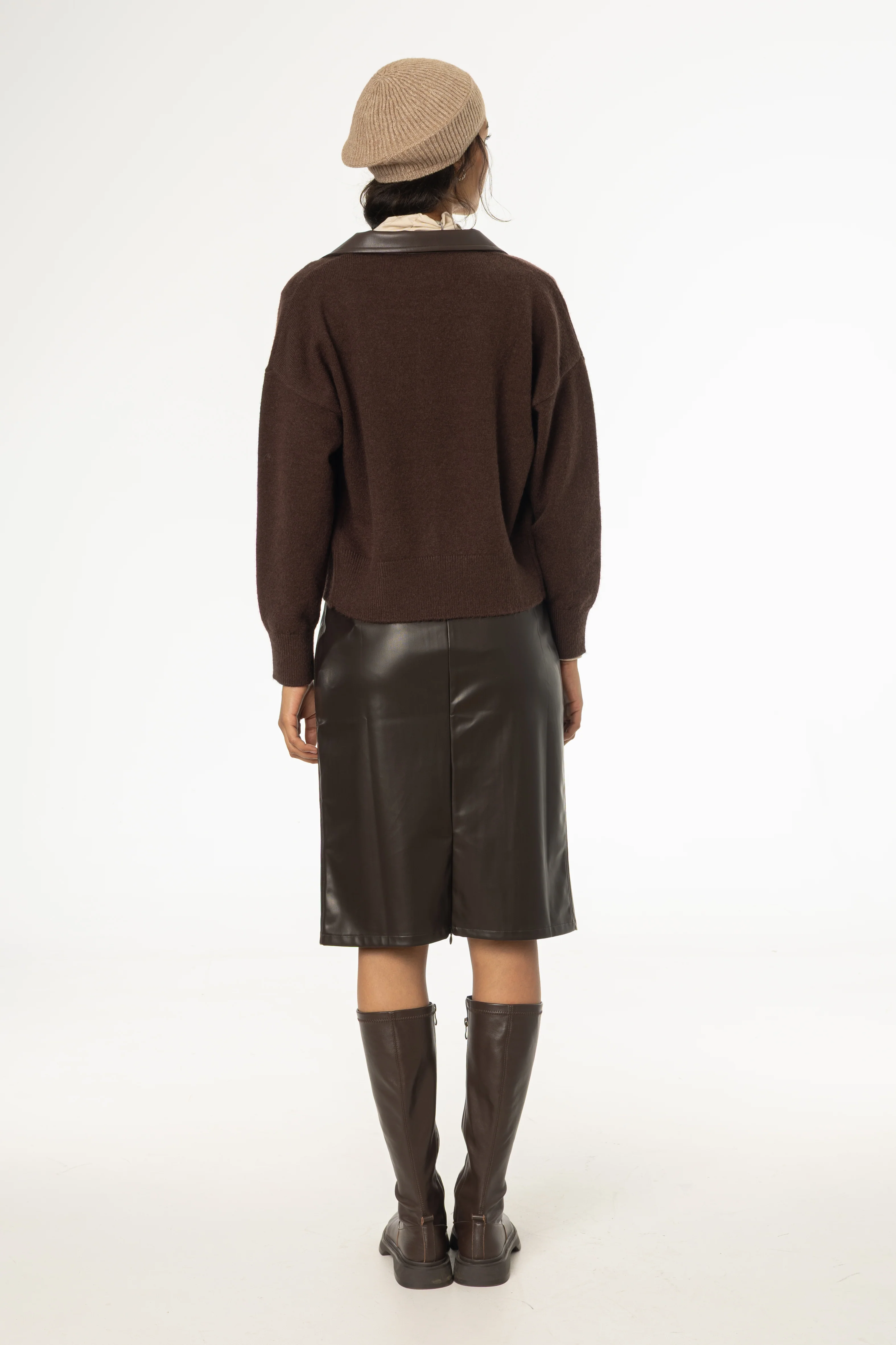 Brown Vegan Leather Pencil Skirt - Image 3