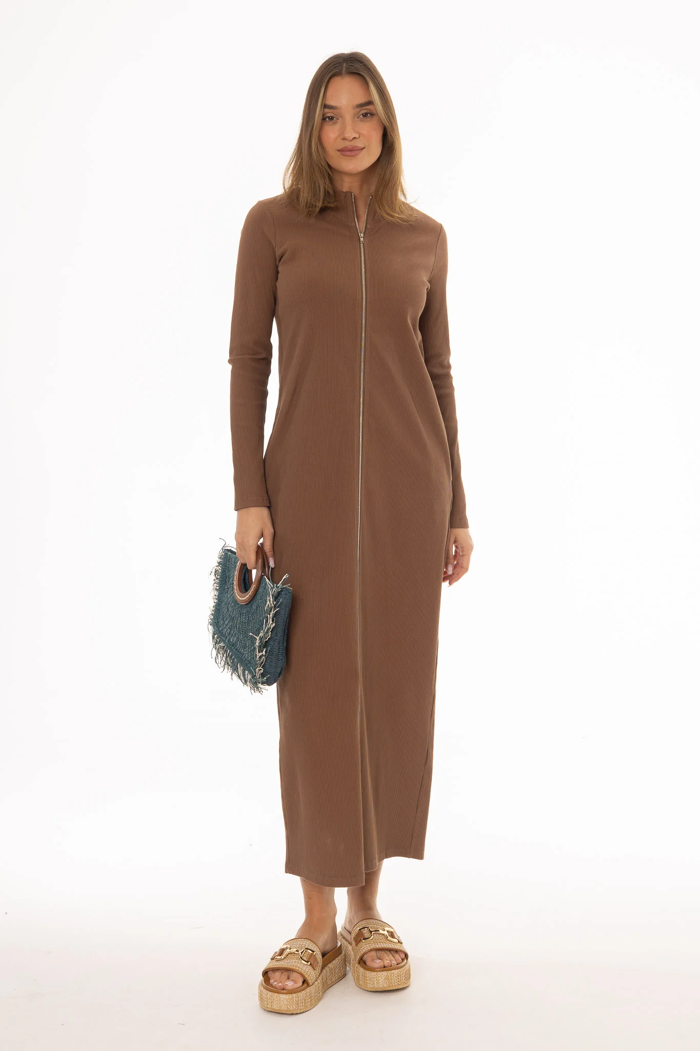 Brown Zipper Maxi Dress