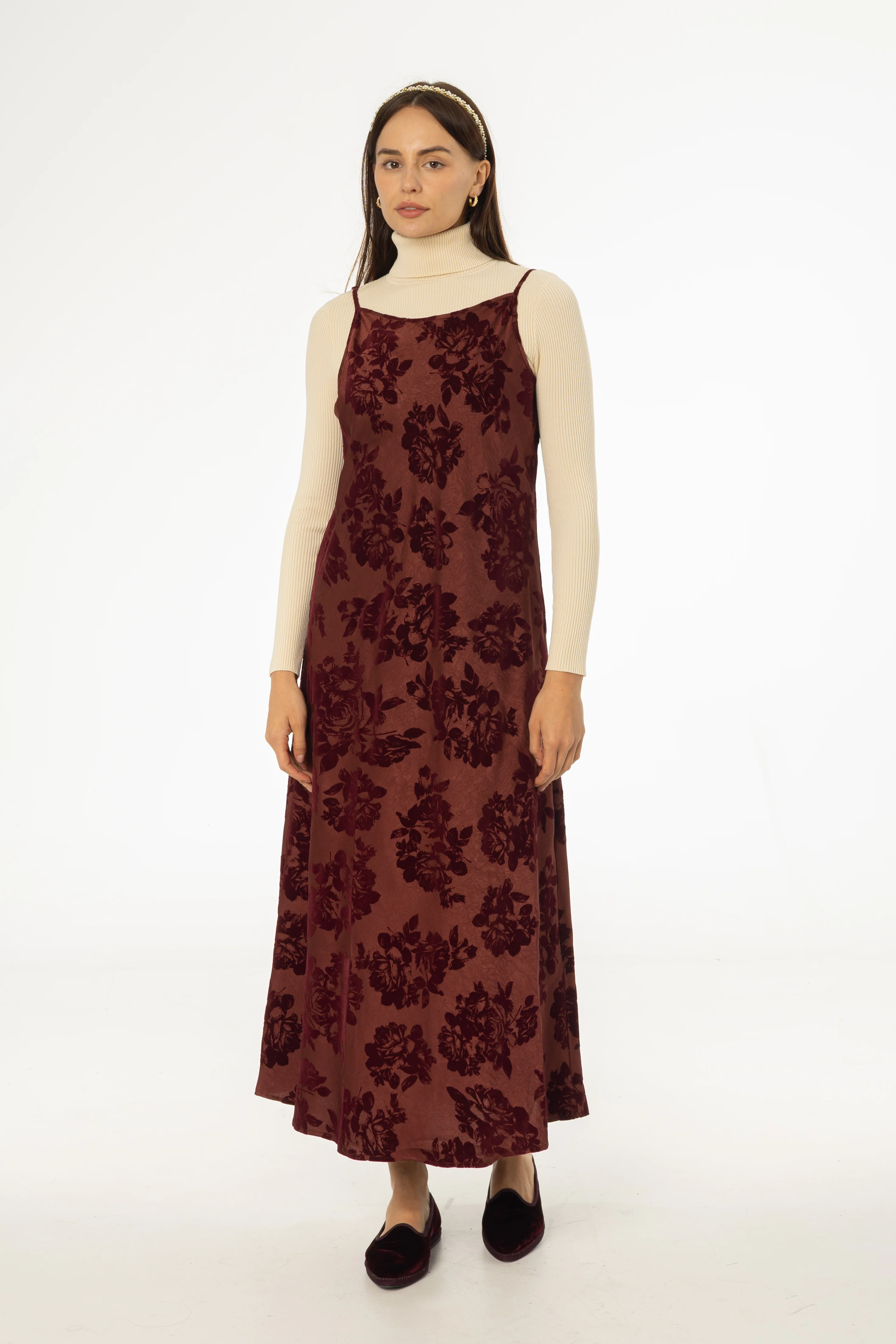 Burgundy Flower Print Velvet Slip Jumper - Image 4