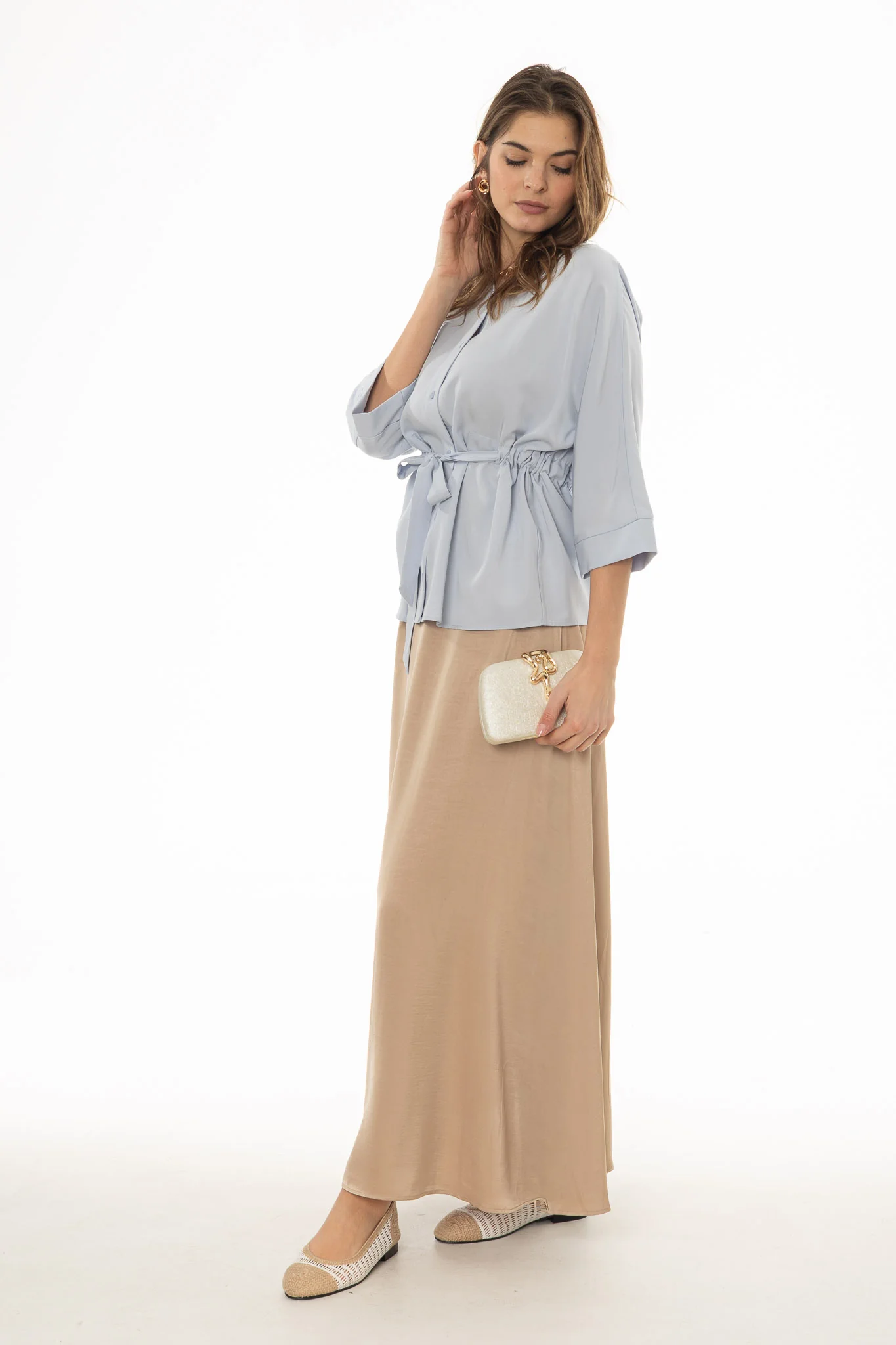 Champagne Silk Feel Flare Maxi Skirt - Image 3