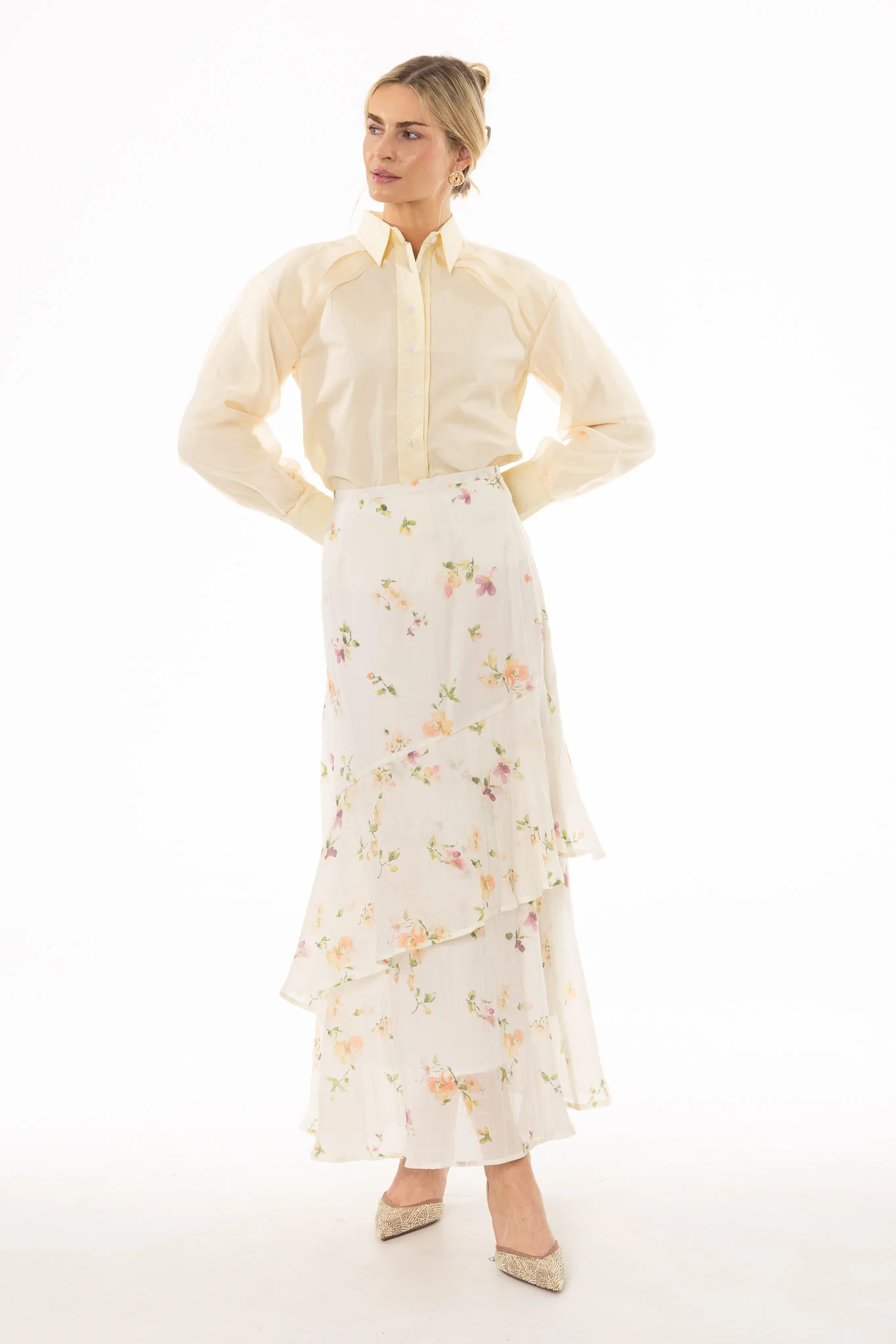 Cream Floral Printed Ruffle Maxi Skirt