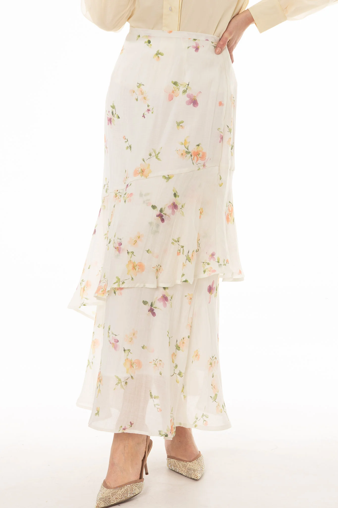 Cream Floral Printed Ruffle Maxi Skirt - Image 2