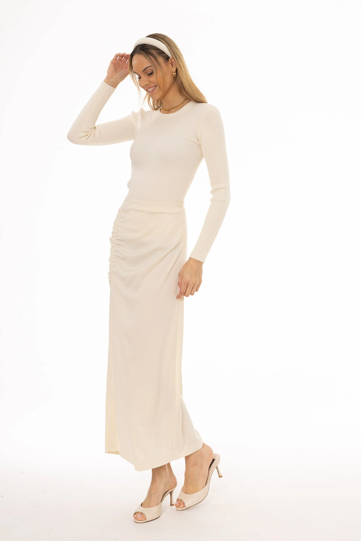 Cream Front Ruched Maxi Skirt - Image 3