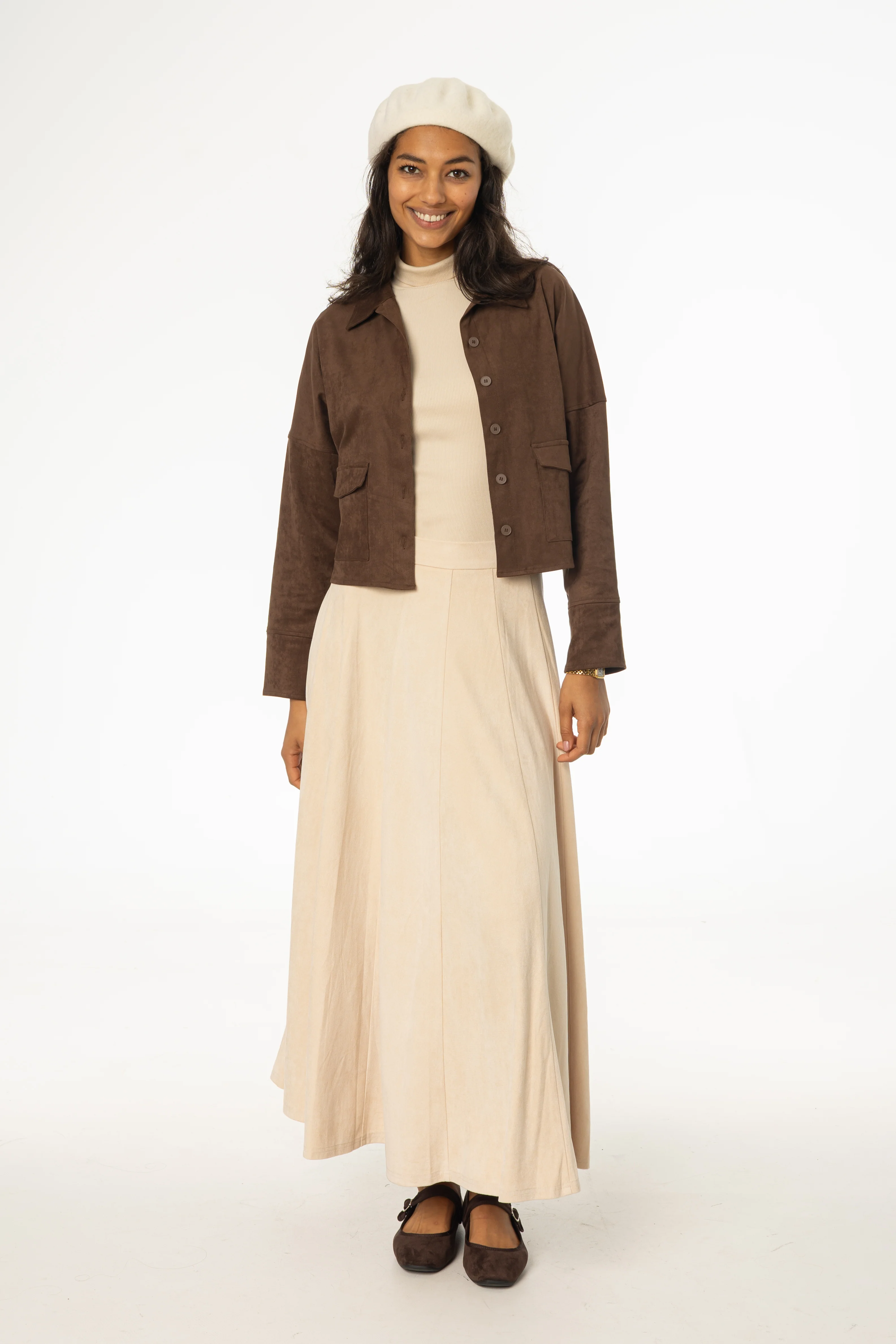 Cream Paneled Microsuede Skirt - Image 4