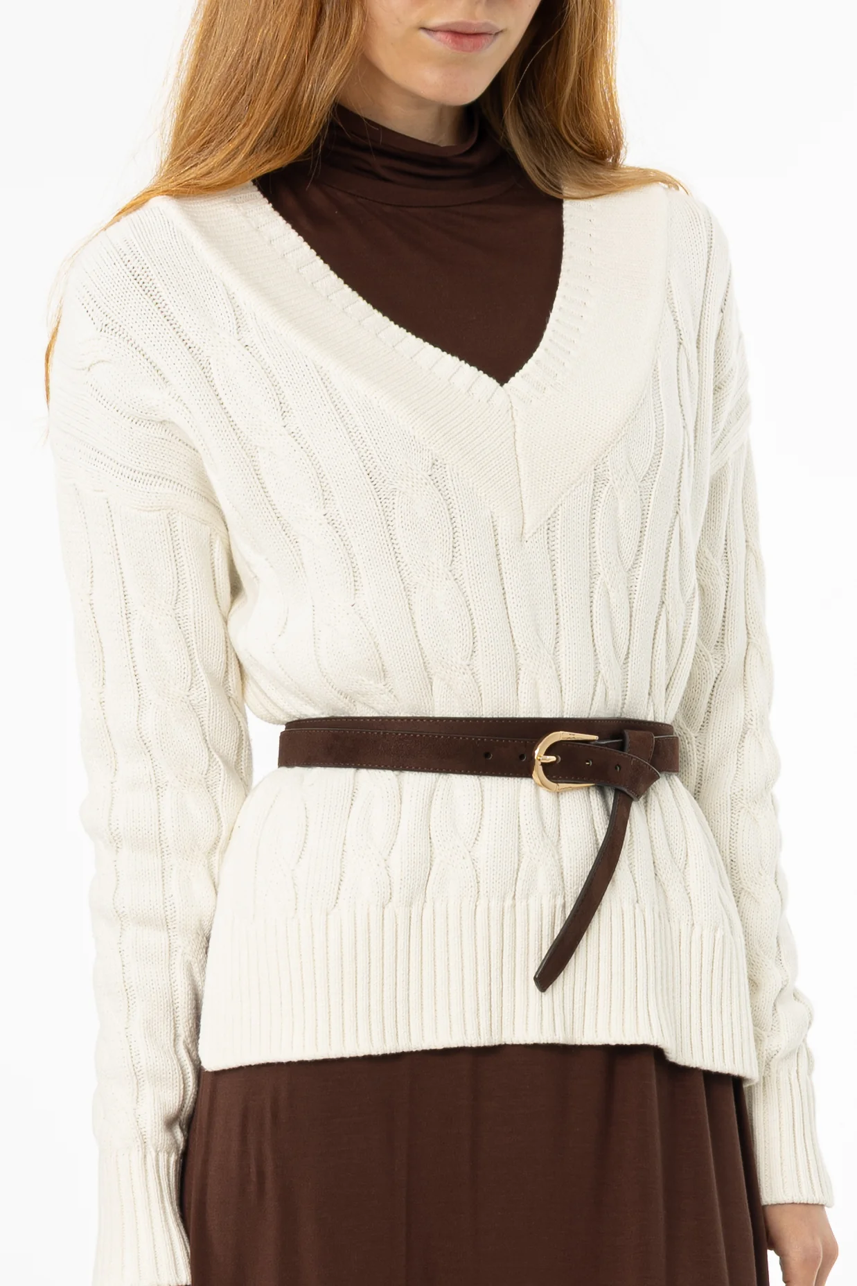 Cream V-Neck Cable Knit Sweater - Image 2