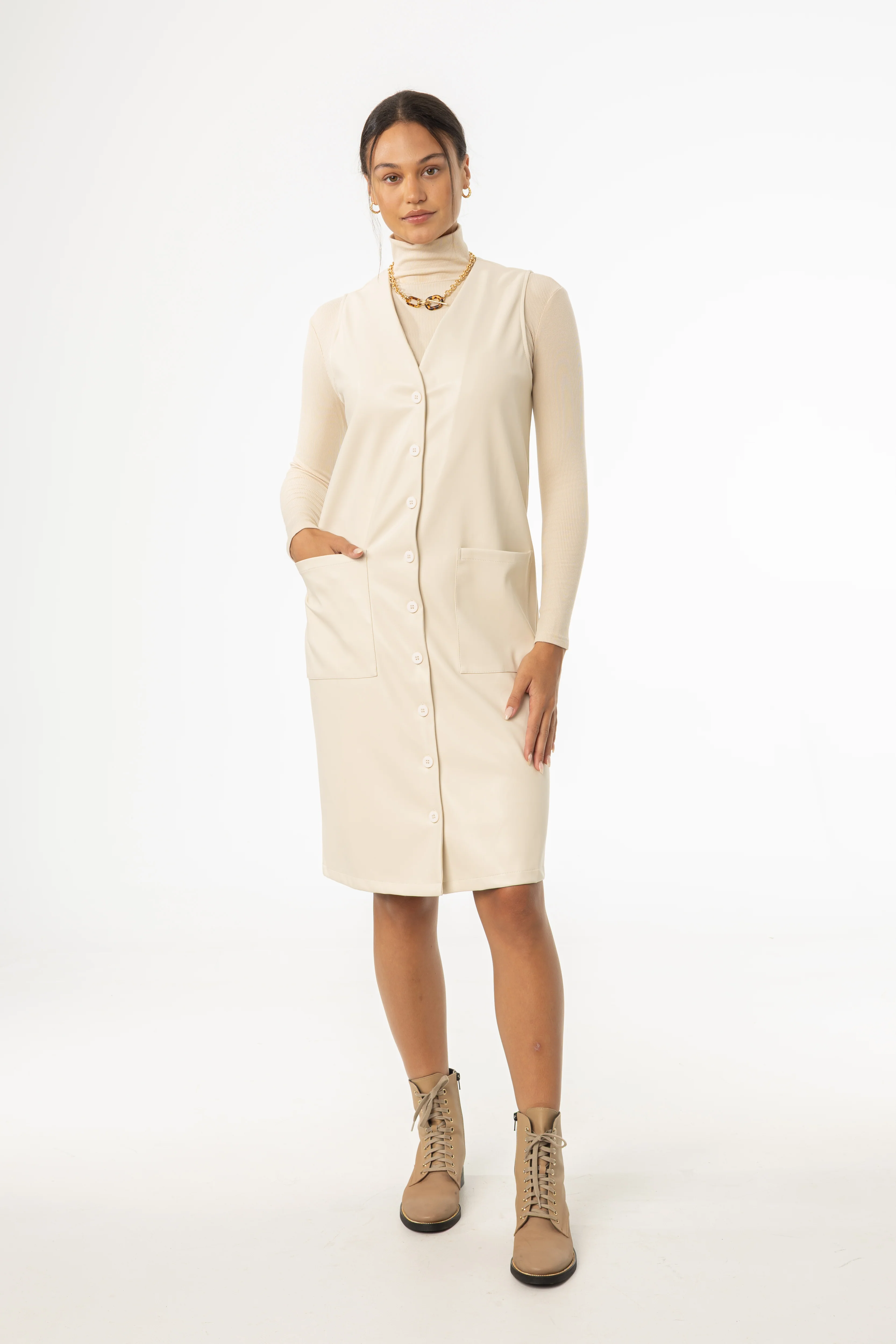 Cream Vegan Leather Vest Dress