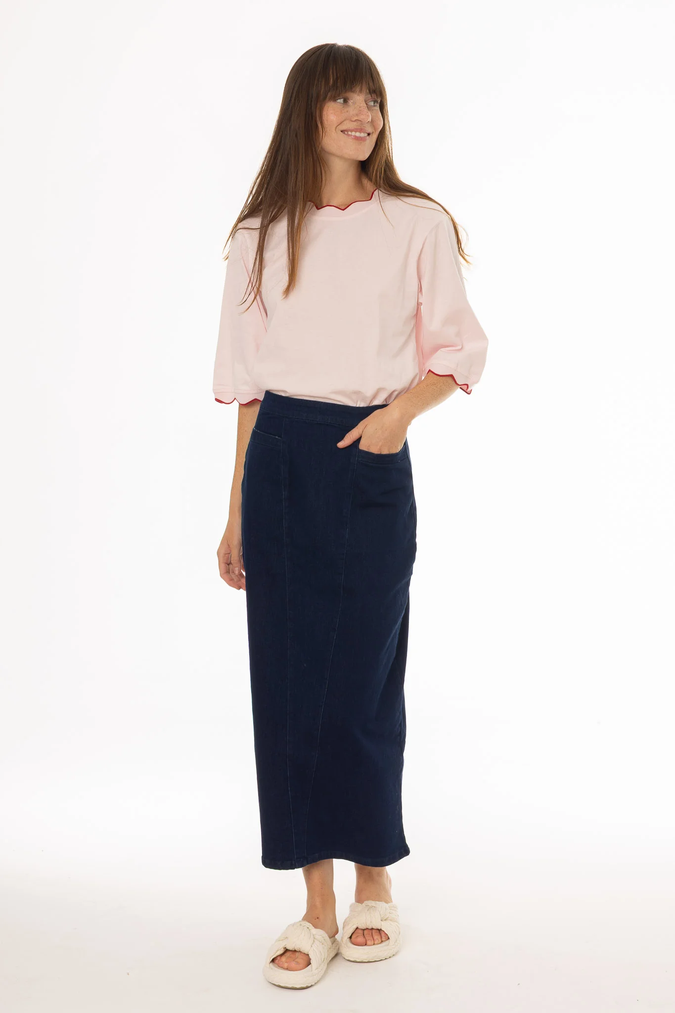Dark Blue Pocket Stretch Denim Maxi Skirt