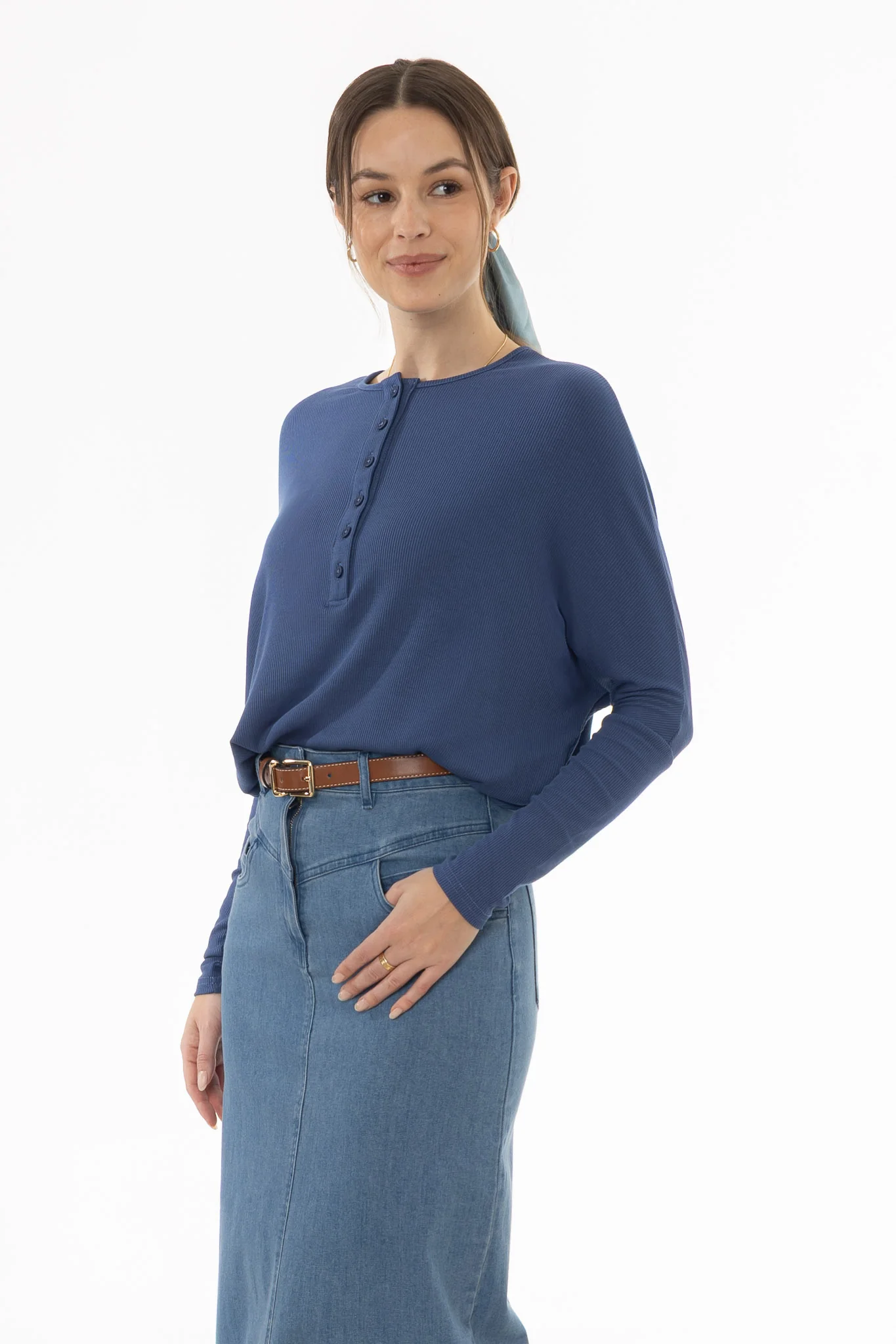 Denim Blue Henley Dolman T-Shirt - Image 3