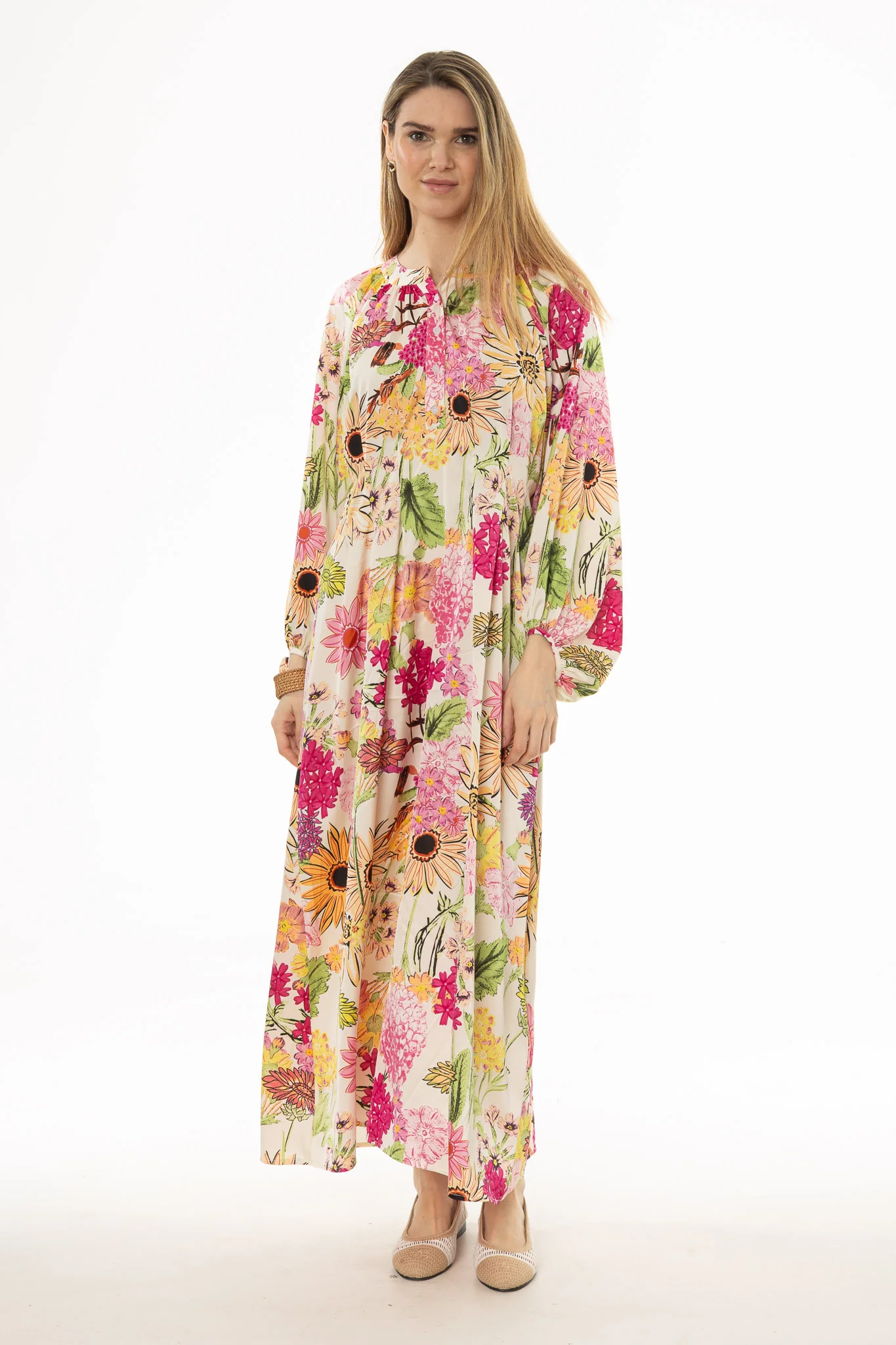 Floral Print Pintuck Balloon Sleeve Maxi Dress