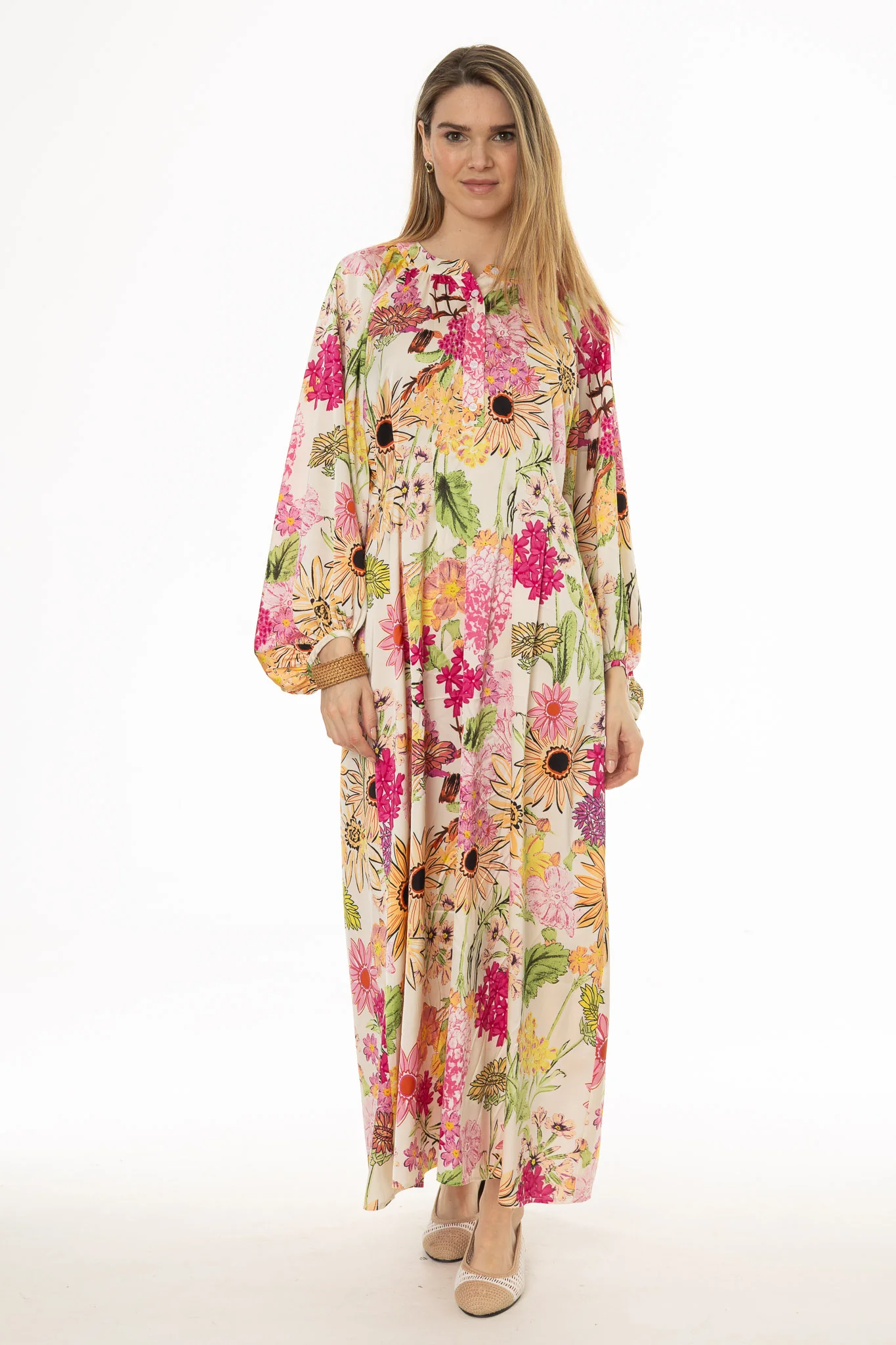 Floral Print Pintuck Balloon Sleeve Maxi Dress - Image 2