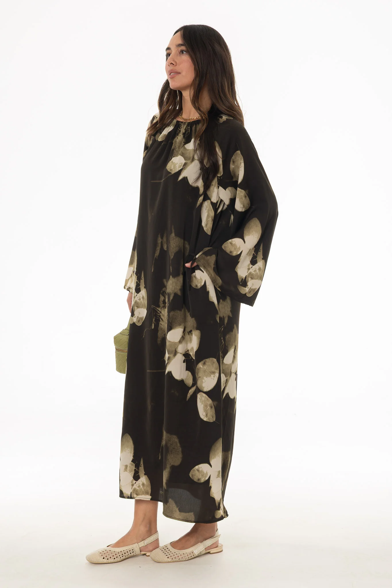 Green Floral Drawstring Sleeve Maxi Dress - Image 3