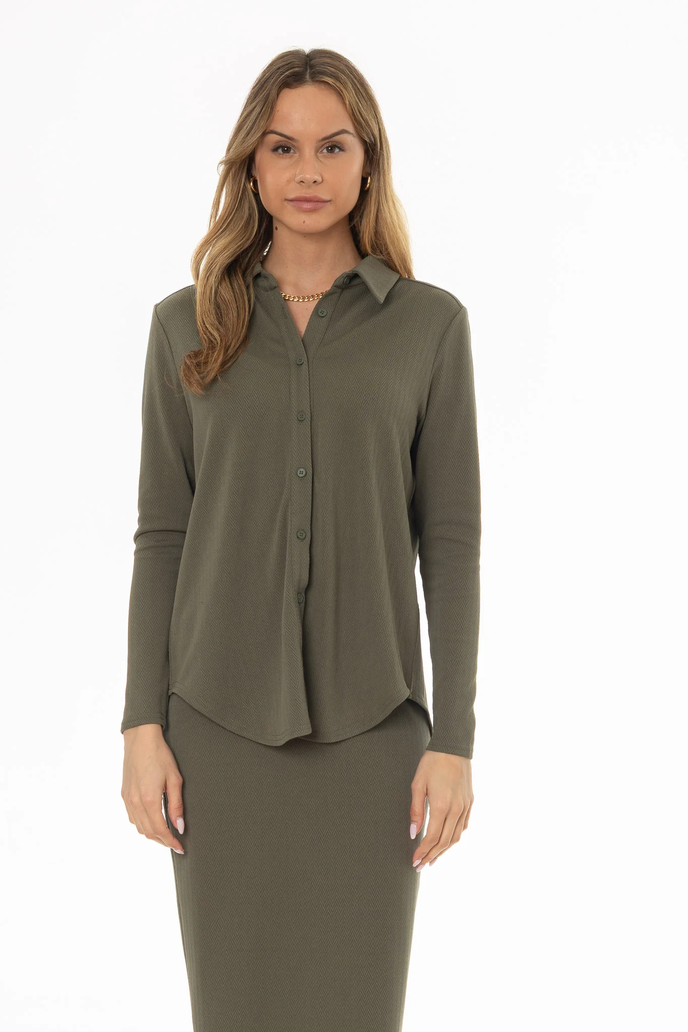 Green Herringbone Textured Shirt - Image 5