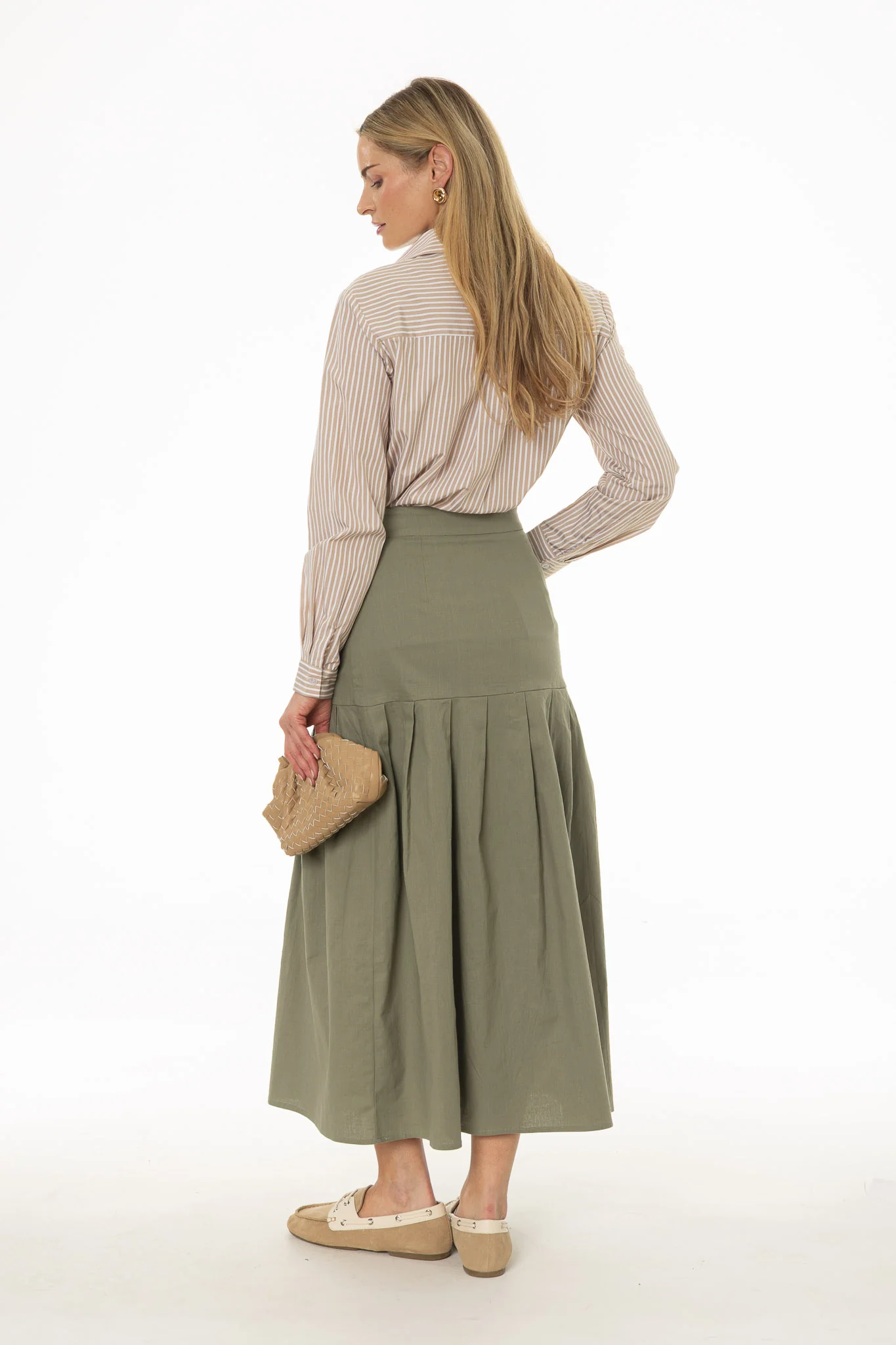 Green Linen Feel Pleated Stretch Maxi Skirt - Image 4