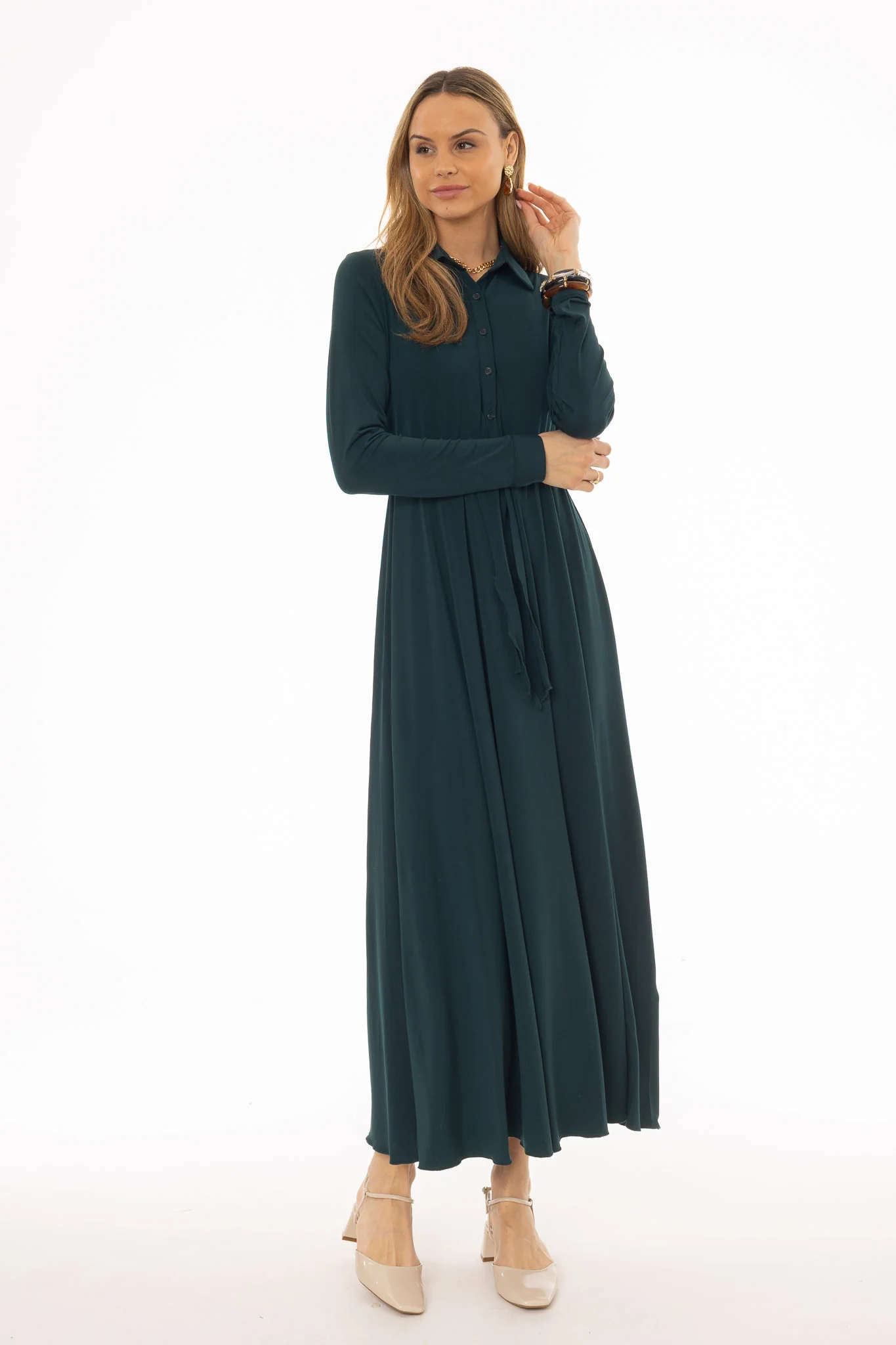Teal Slinky Button Tie Maxi Dress - Image 5