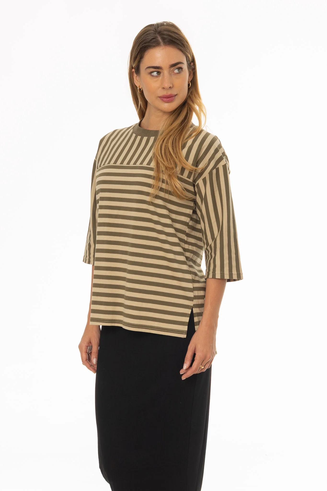 Green Striped Contrast T-Shirt - Image 2