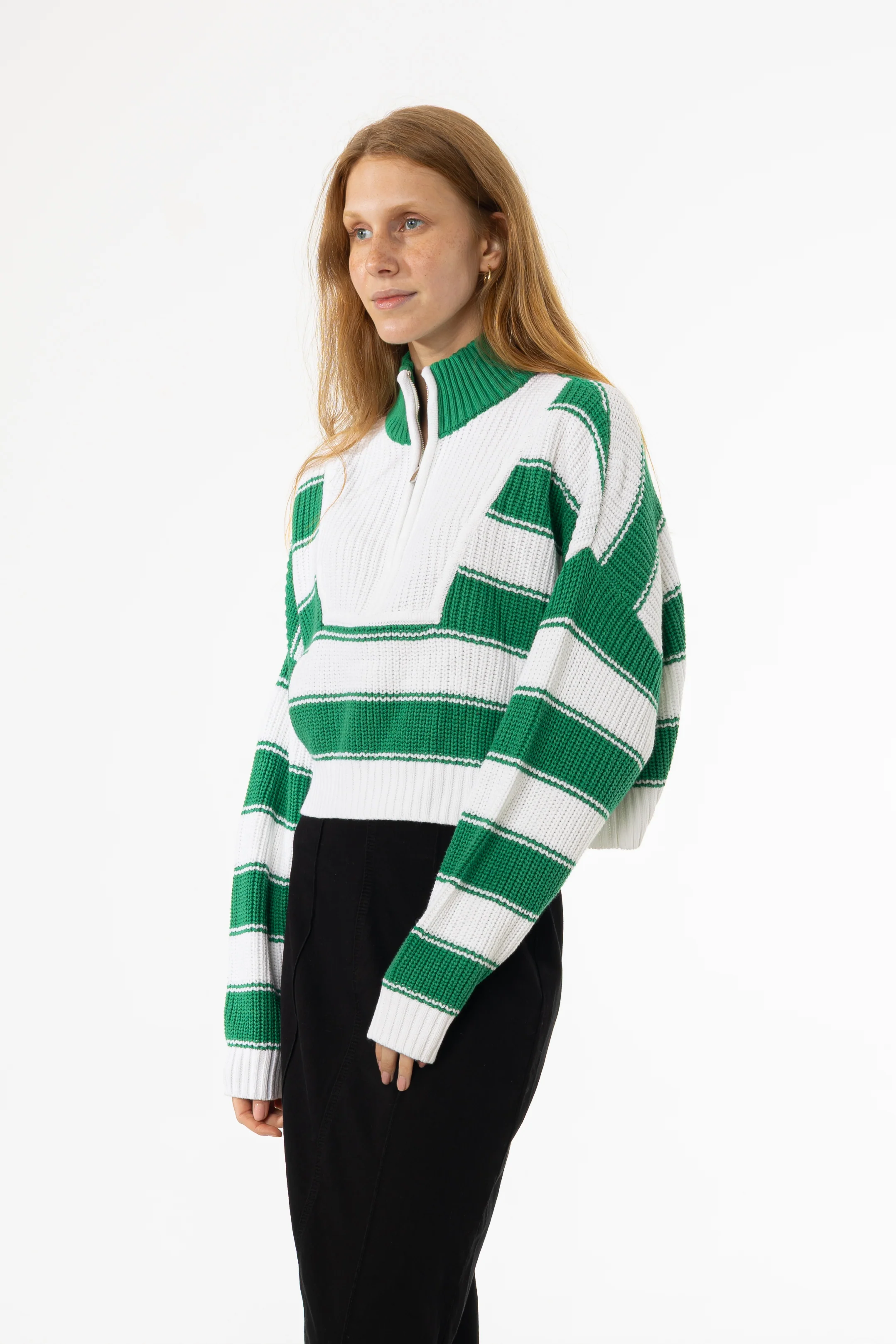 Green Striped Quarter Zip Sweater Top - Image 3