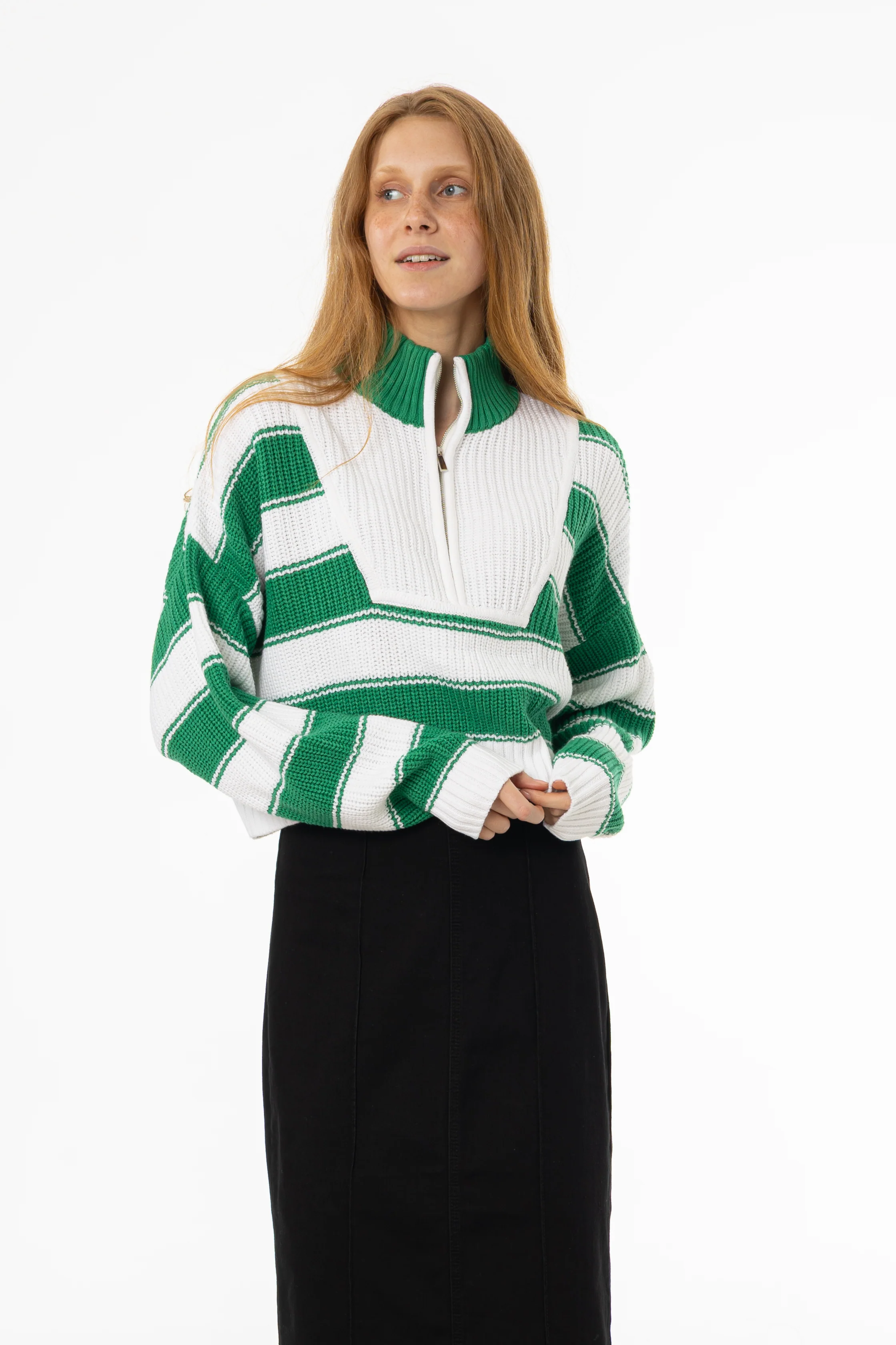 Green Striped Quarter Zip Sweater Top - Image 4