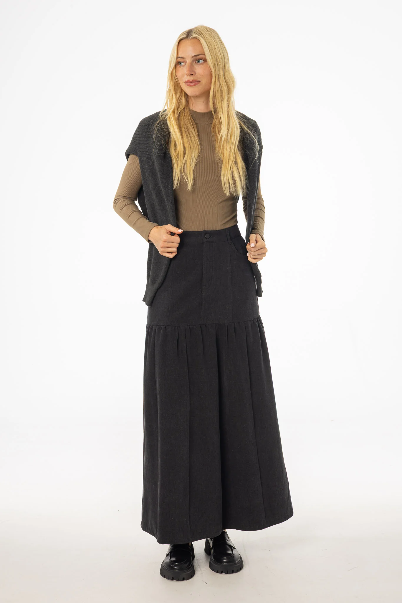 Grey Flared Denim Maxi Skirt - Image 2