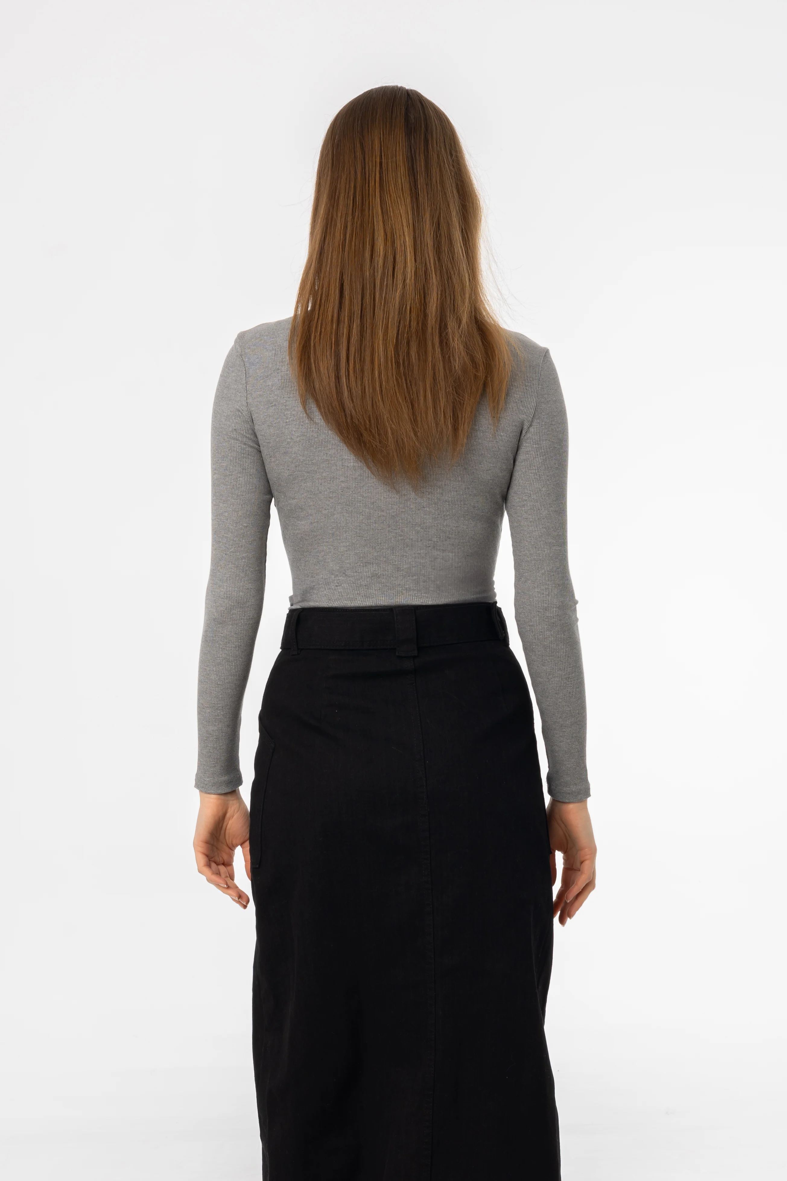 Grey Ribbed V Neck Long Sleeve T-Shirt - Image 3