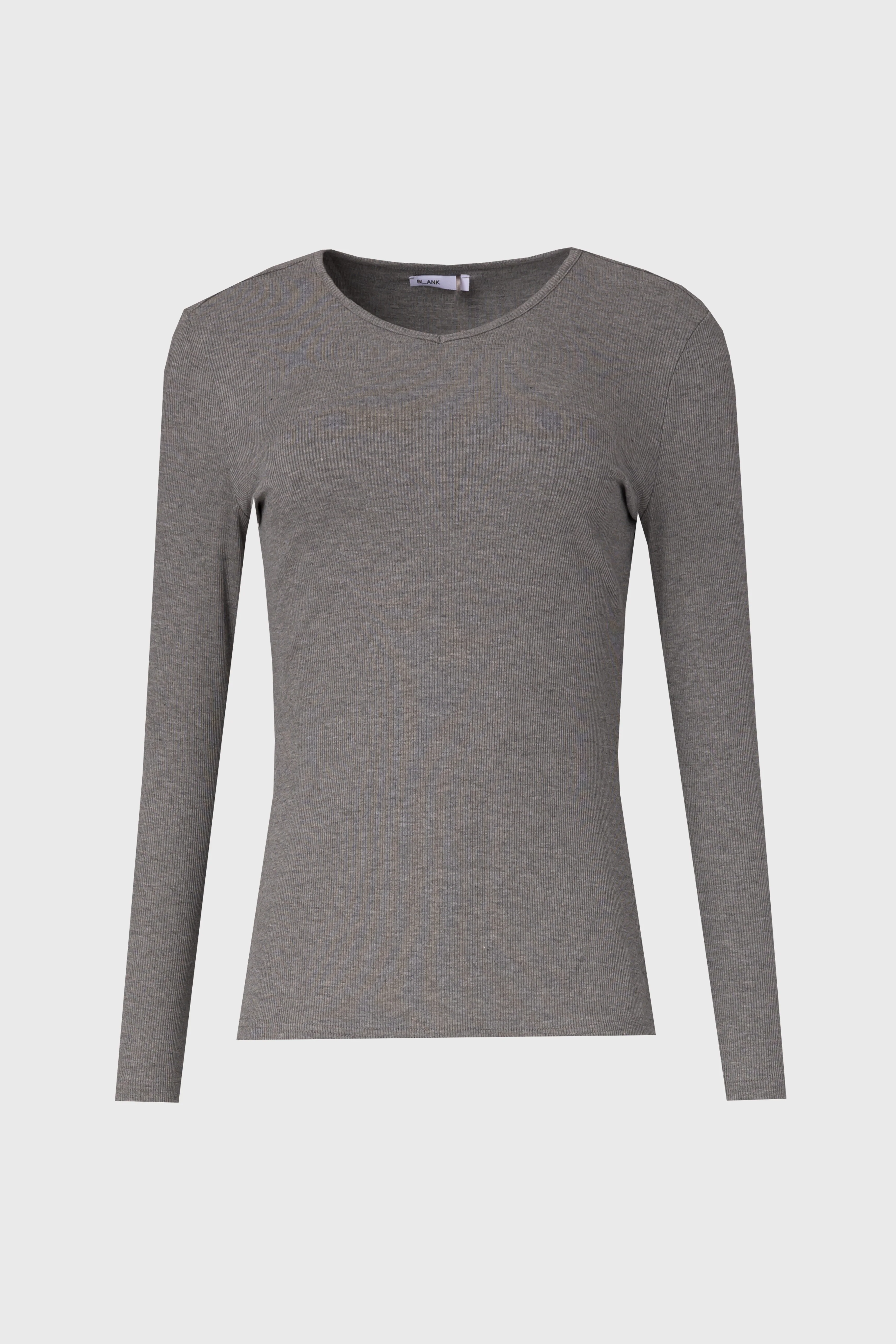 Grey Ribbed V Neck Long Sleeve T-Shirt - Image 5