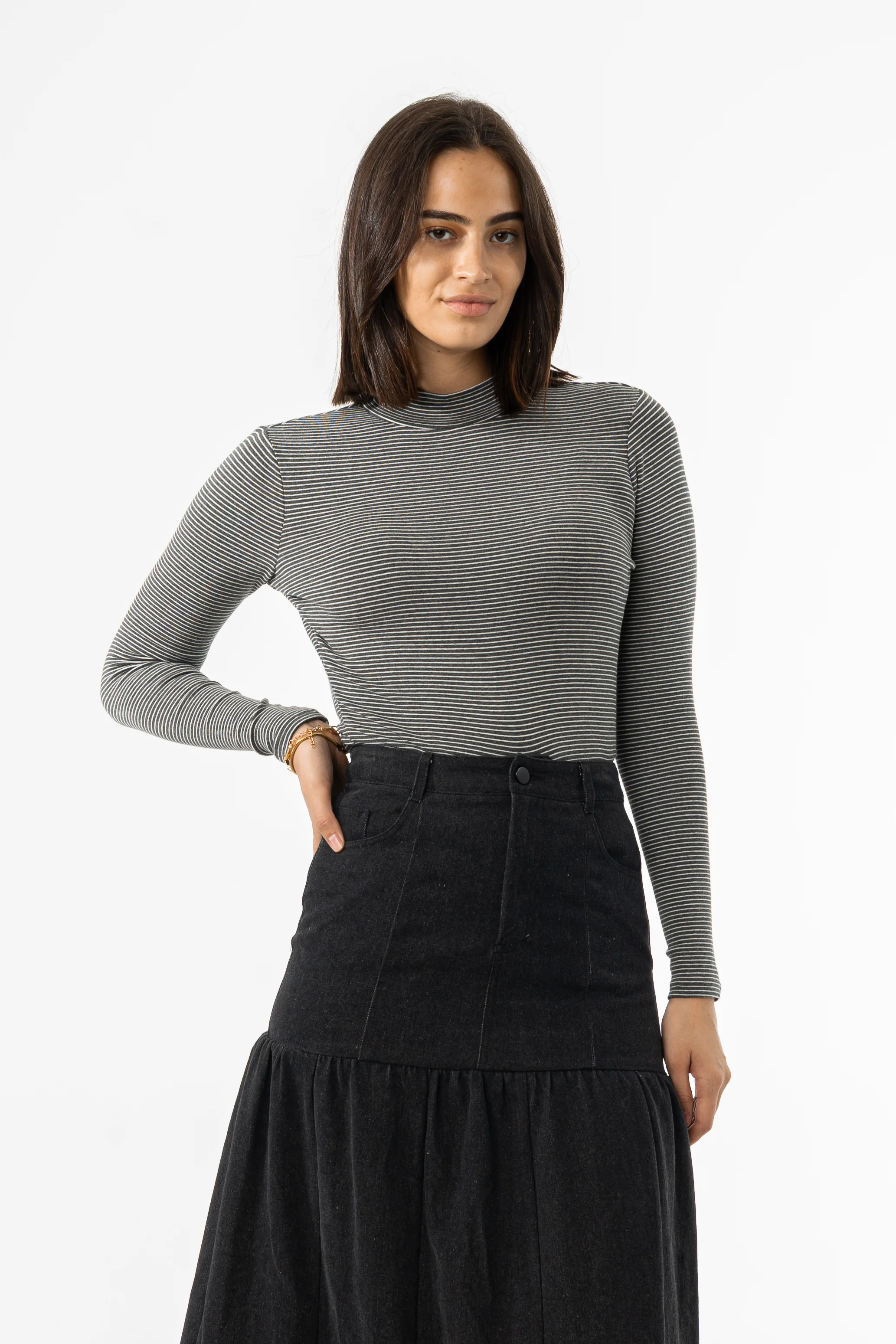 Grey Striped Mock Neck Top - Image 4