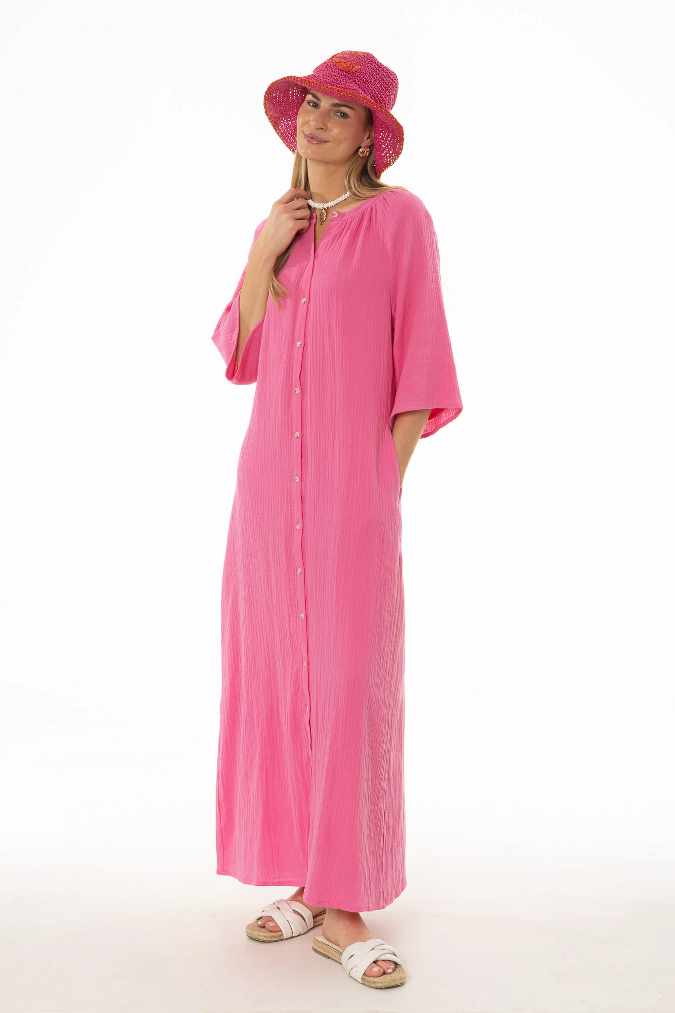 Hot Pink Gauze Flare Sleeve Maxi Dress