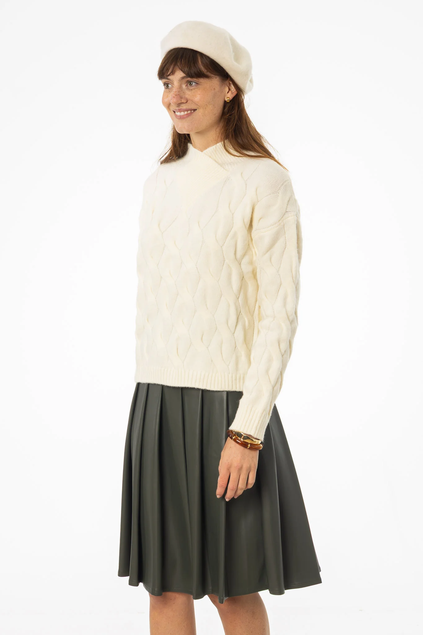 Ivory Collar Detail Cable Knit Sweater - Image 2