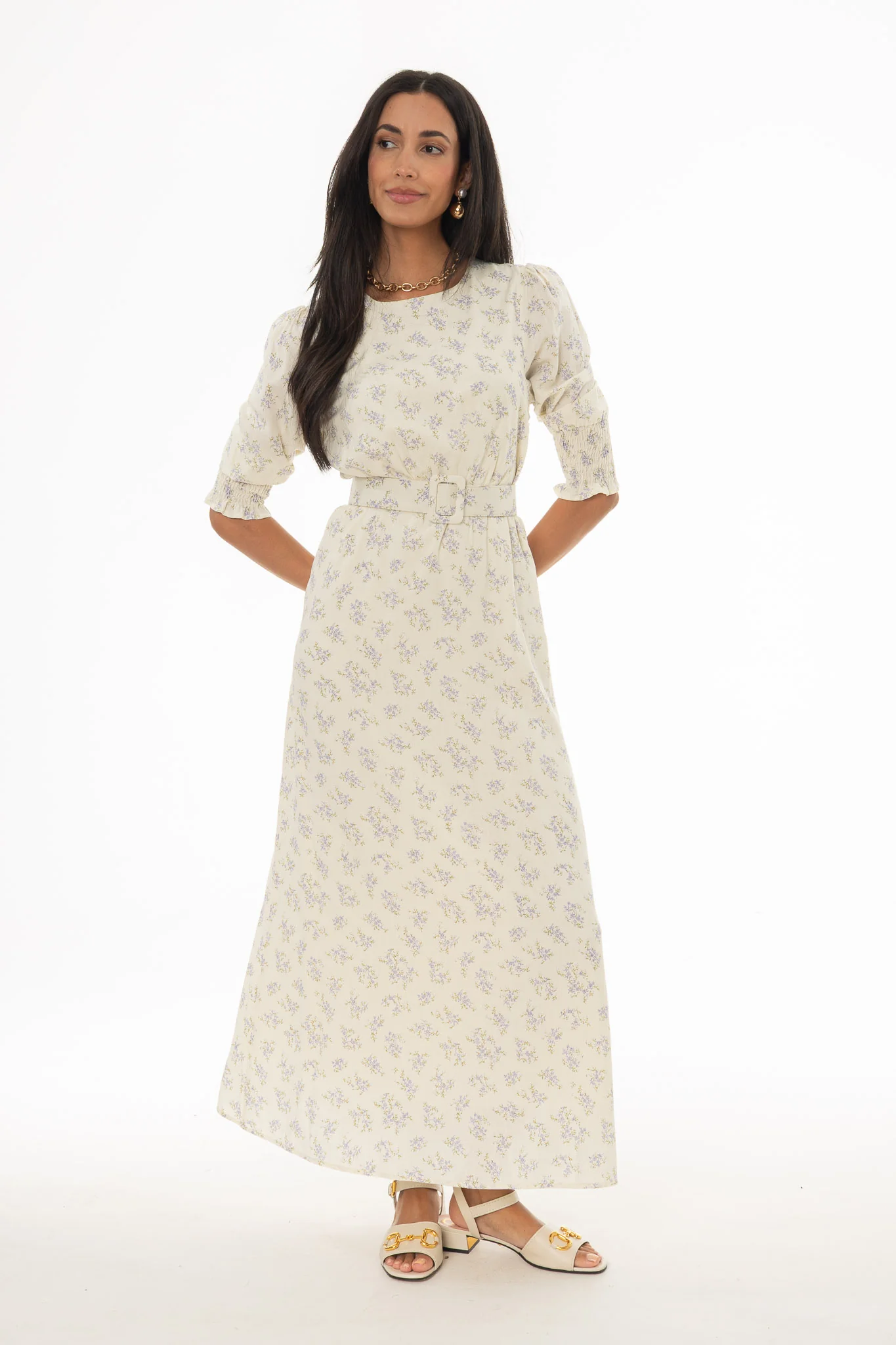 Lavender Belted Printed Floral Maxi Dress - Image 2