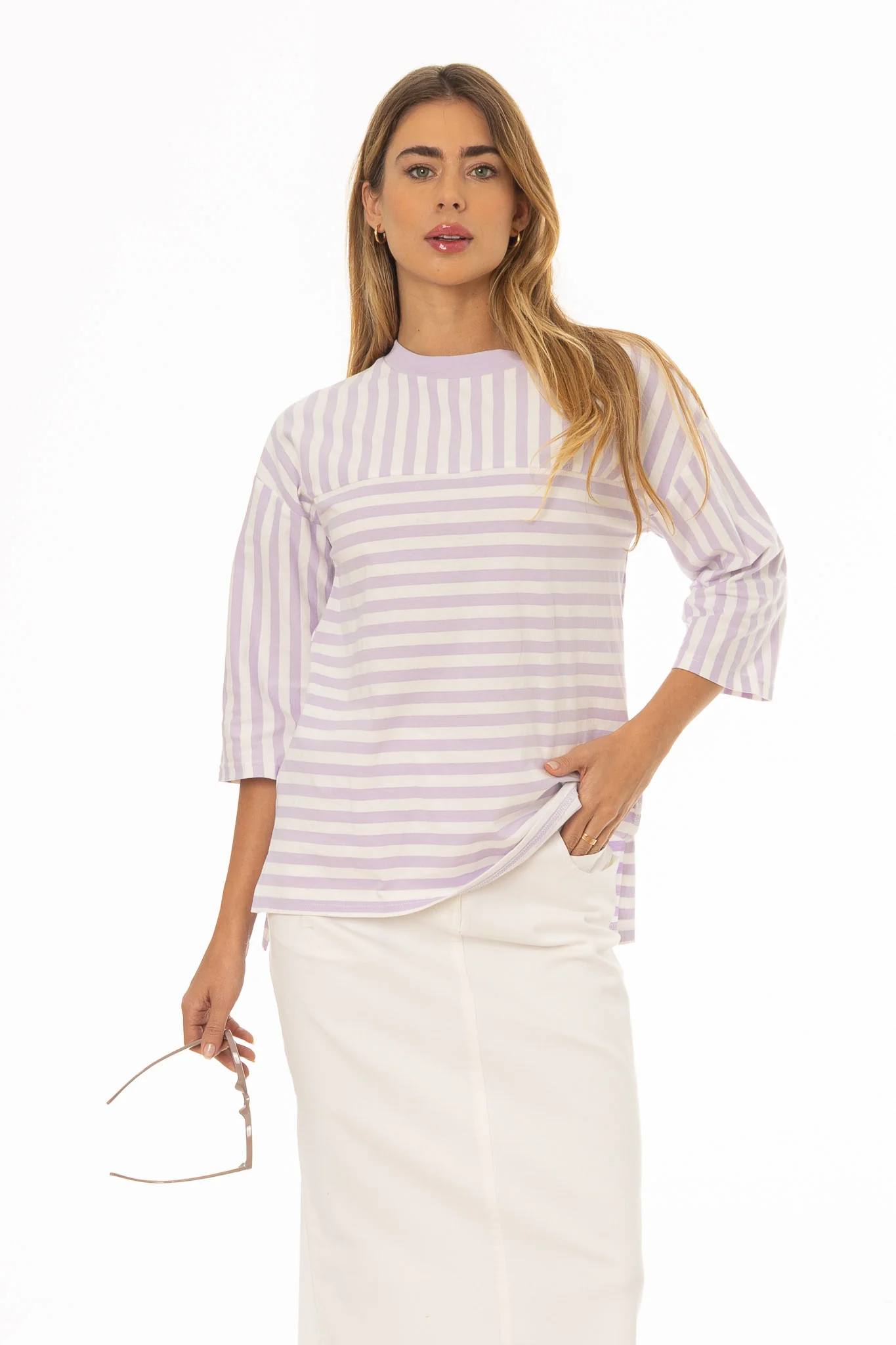 Lavender Striped Contrast T-Shirt - Image 3