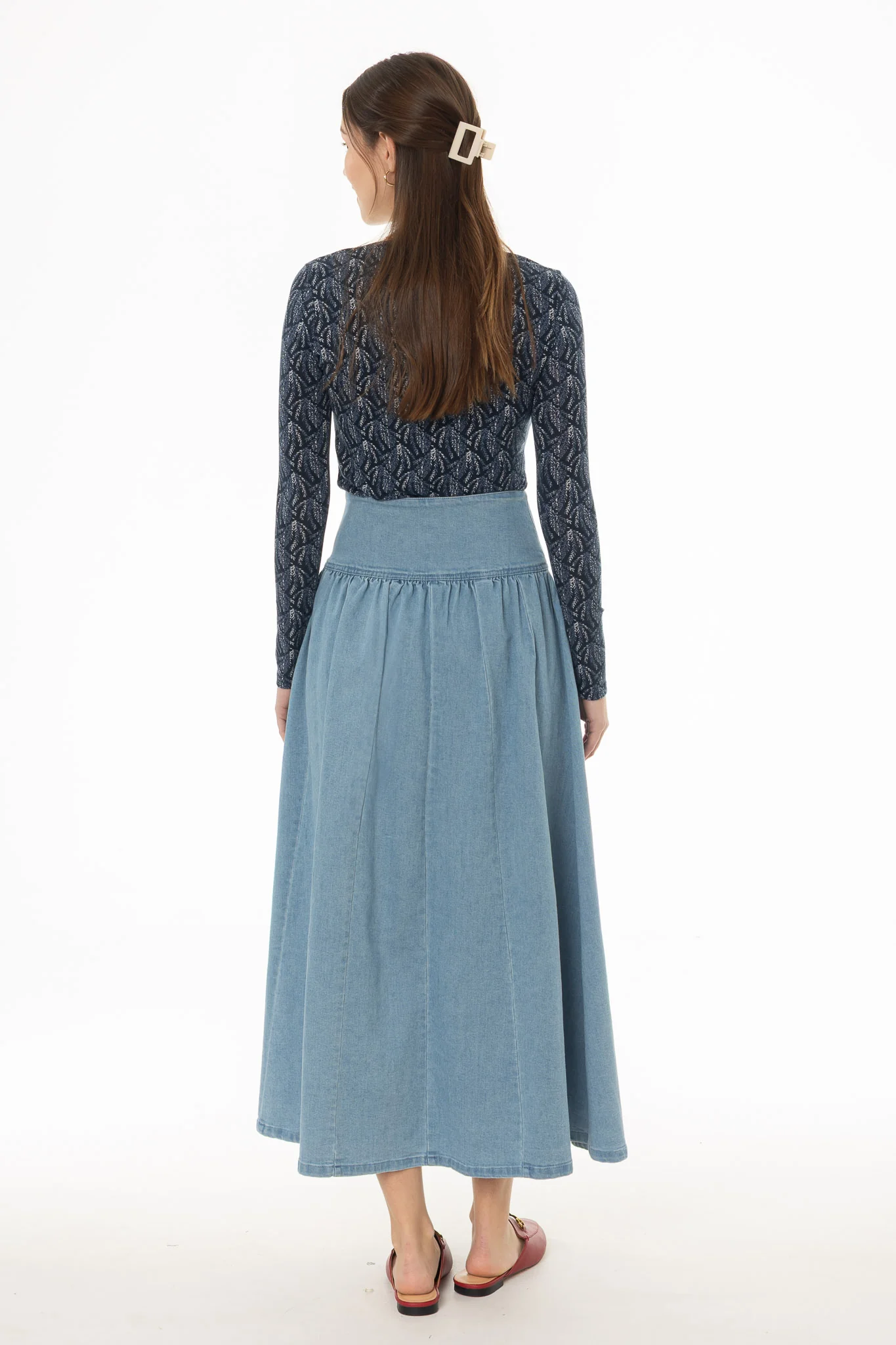 Light Blue Denim Gathered Maxi Skirt - Image 5