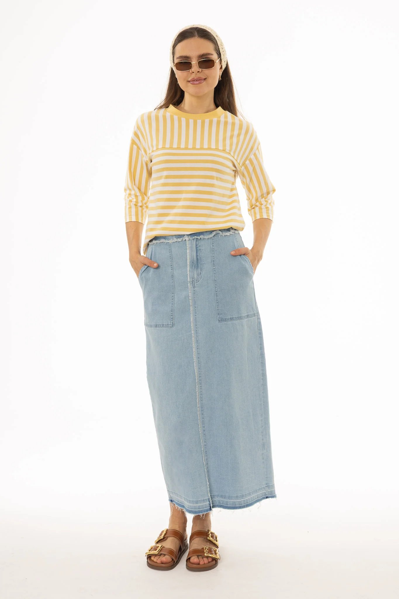 Light Blue Denim Pocket Fringe Maxi Skirt - Image 5