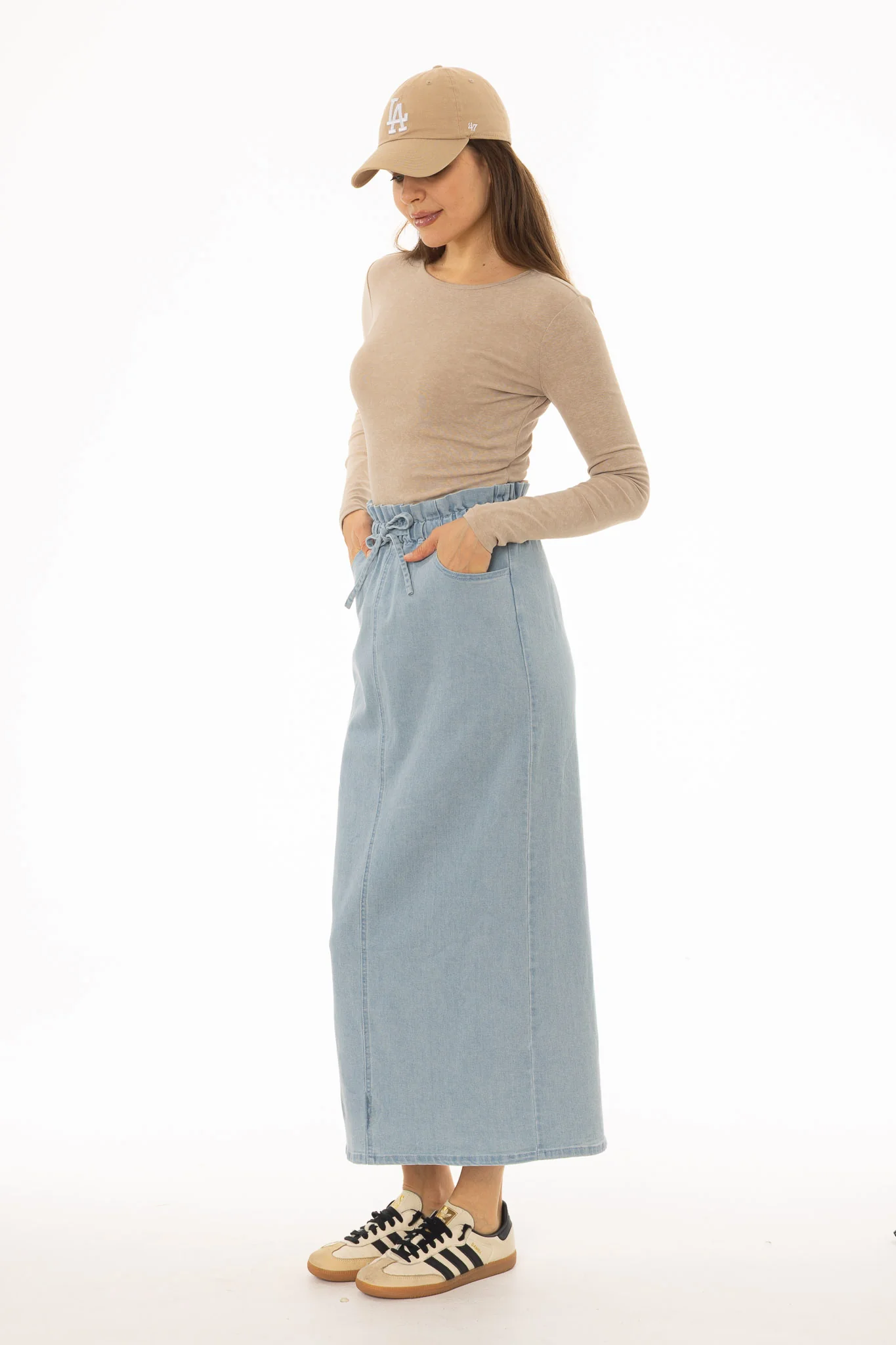 Light Blue Drawstring Denim Maxi Skirt - Image 3