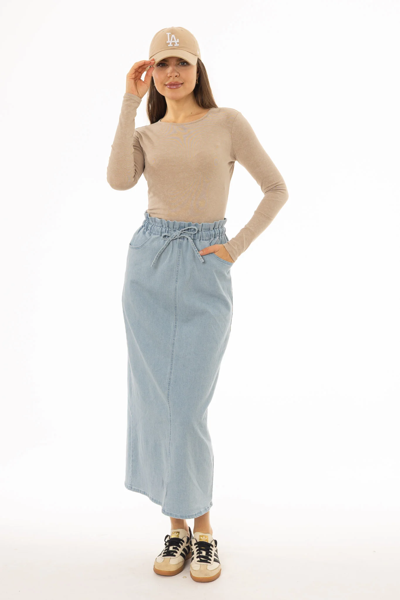Light Blue Drawstring Denim Maxi Skirt - Image 5