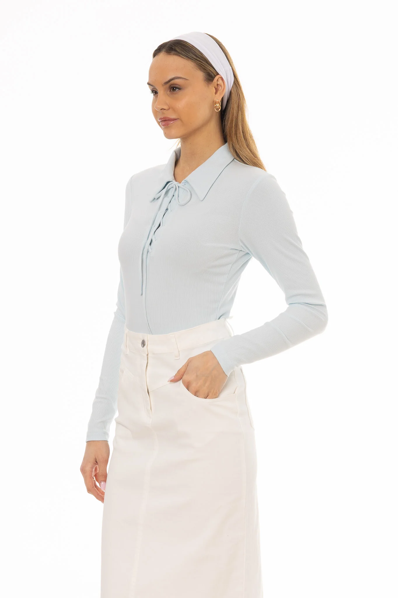 Light Blue Drawstring Polo T-Shirt - Image 3