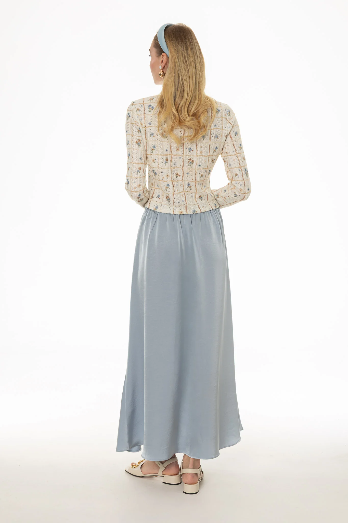 Light Blue Silk Feel Flare Maxi Skirt - Image 4