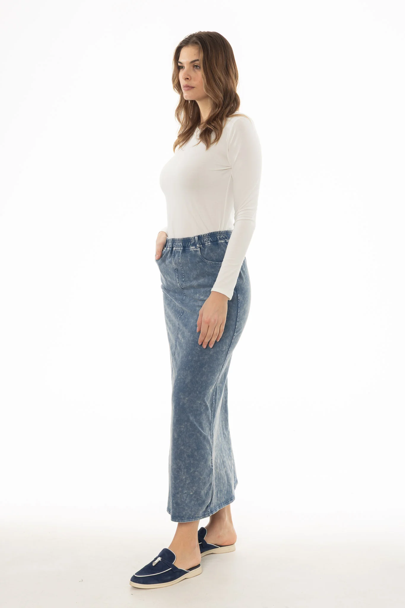 Light Blue Stretch Cotton Acid Wash Maxi Skirt - Image 3