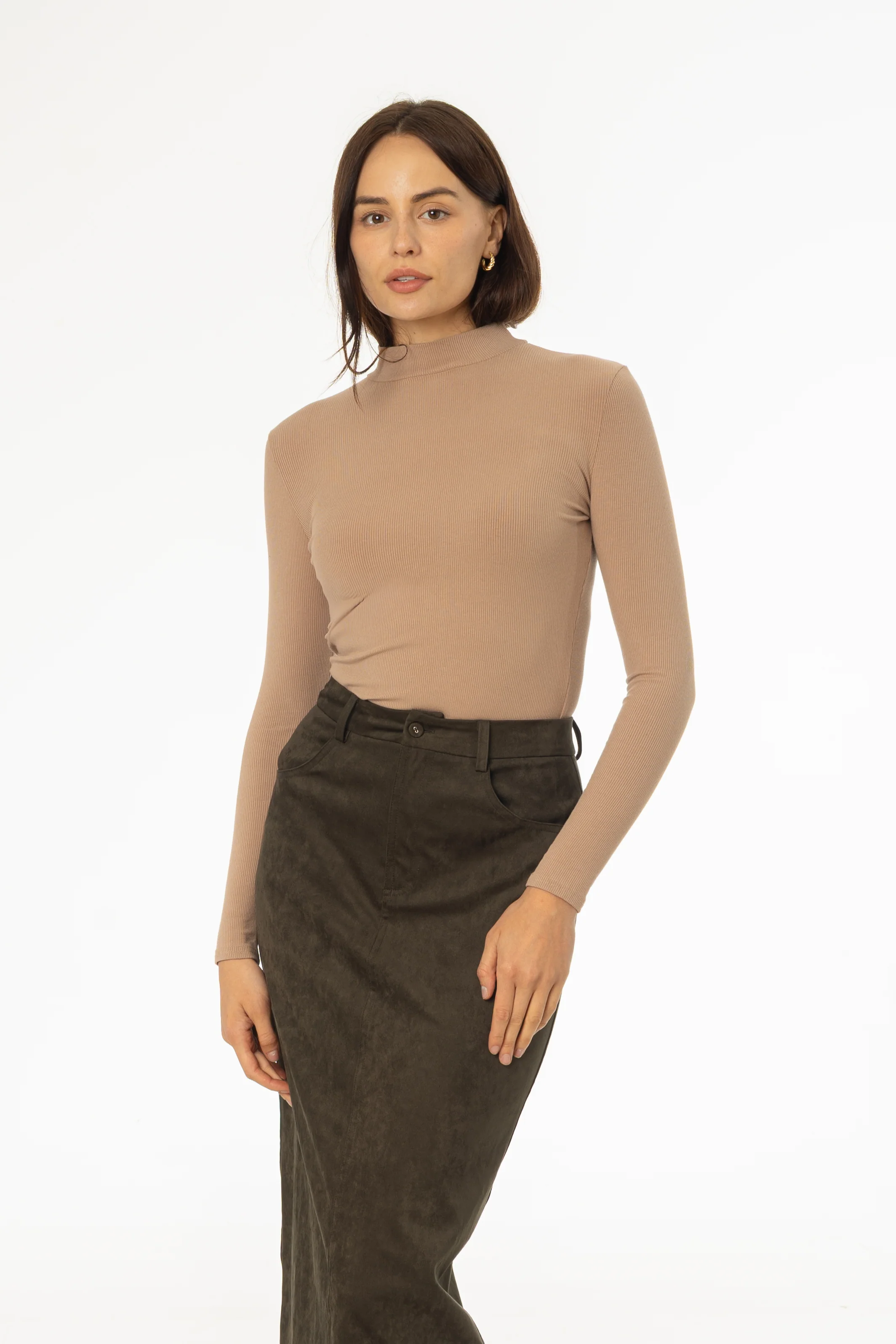 Light Brown Ribbed Mock Neck Top - Image 4