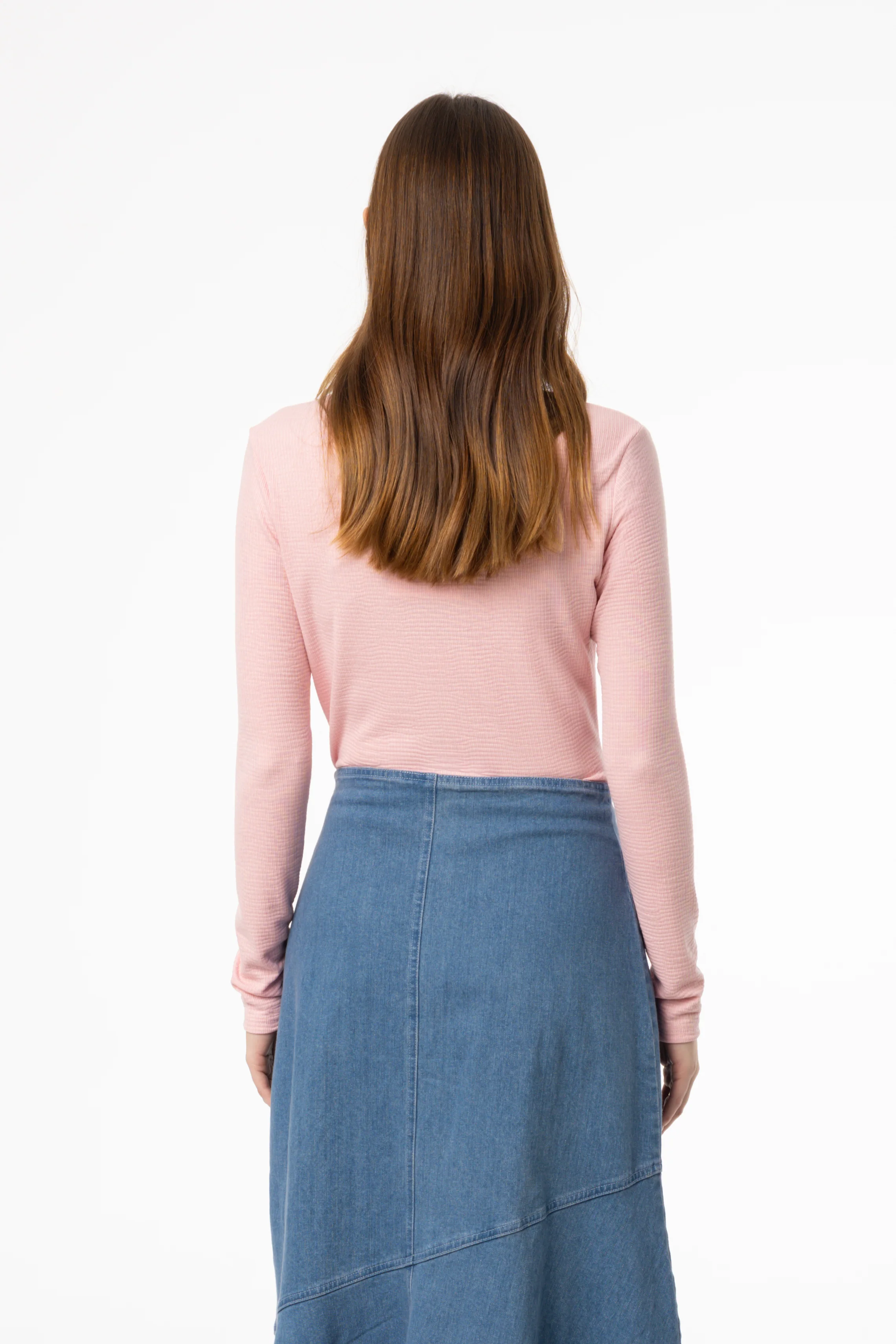 Light Pink Waved Round Neck Long Sleeve T Shirt - Image 3