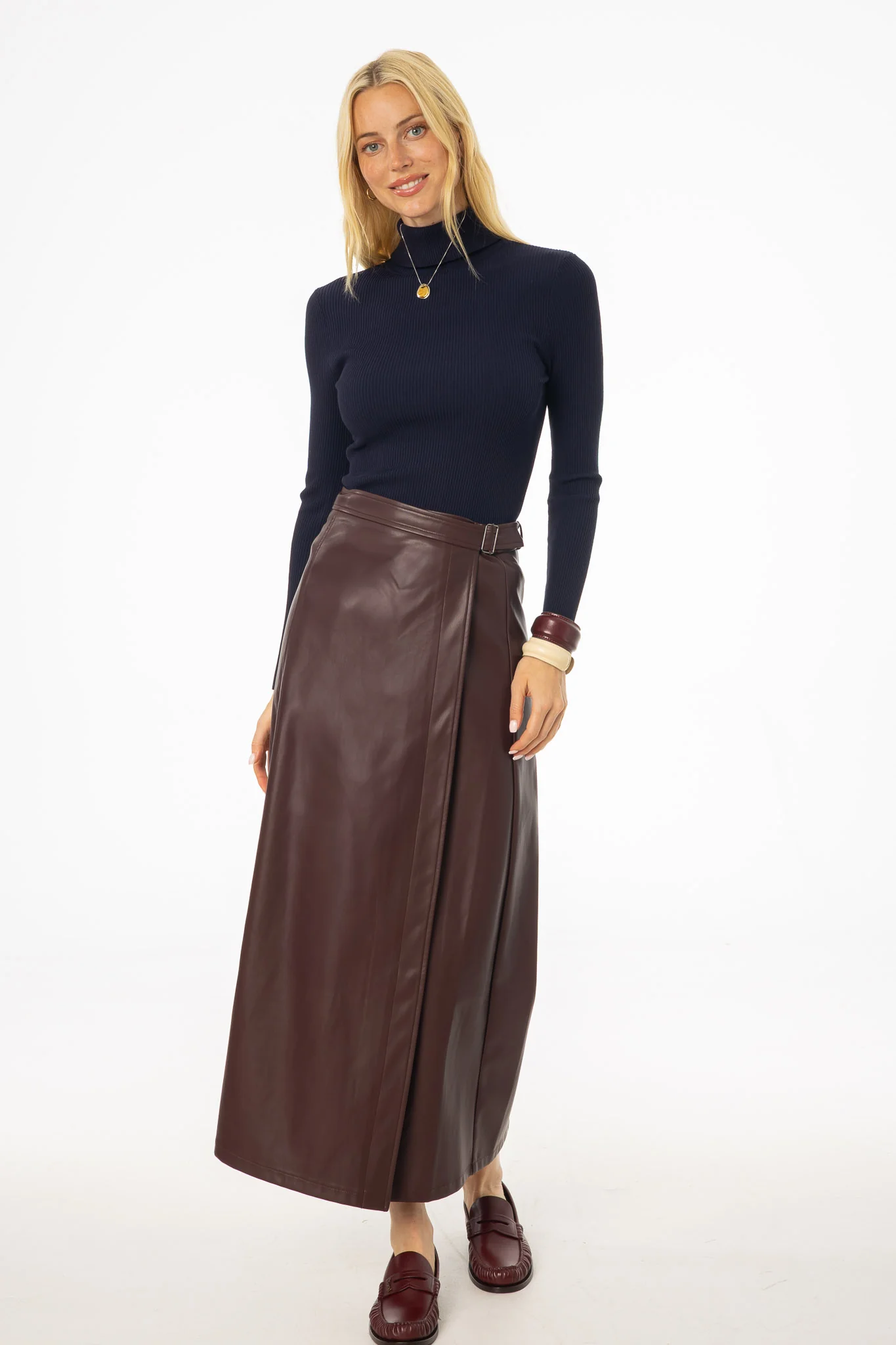 Burgundy Wrap Vegan Leather Maxi Skirt - Image 3
