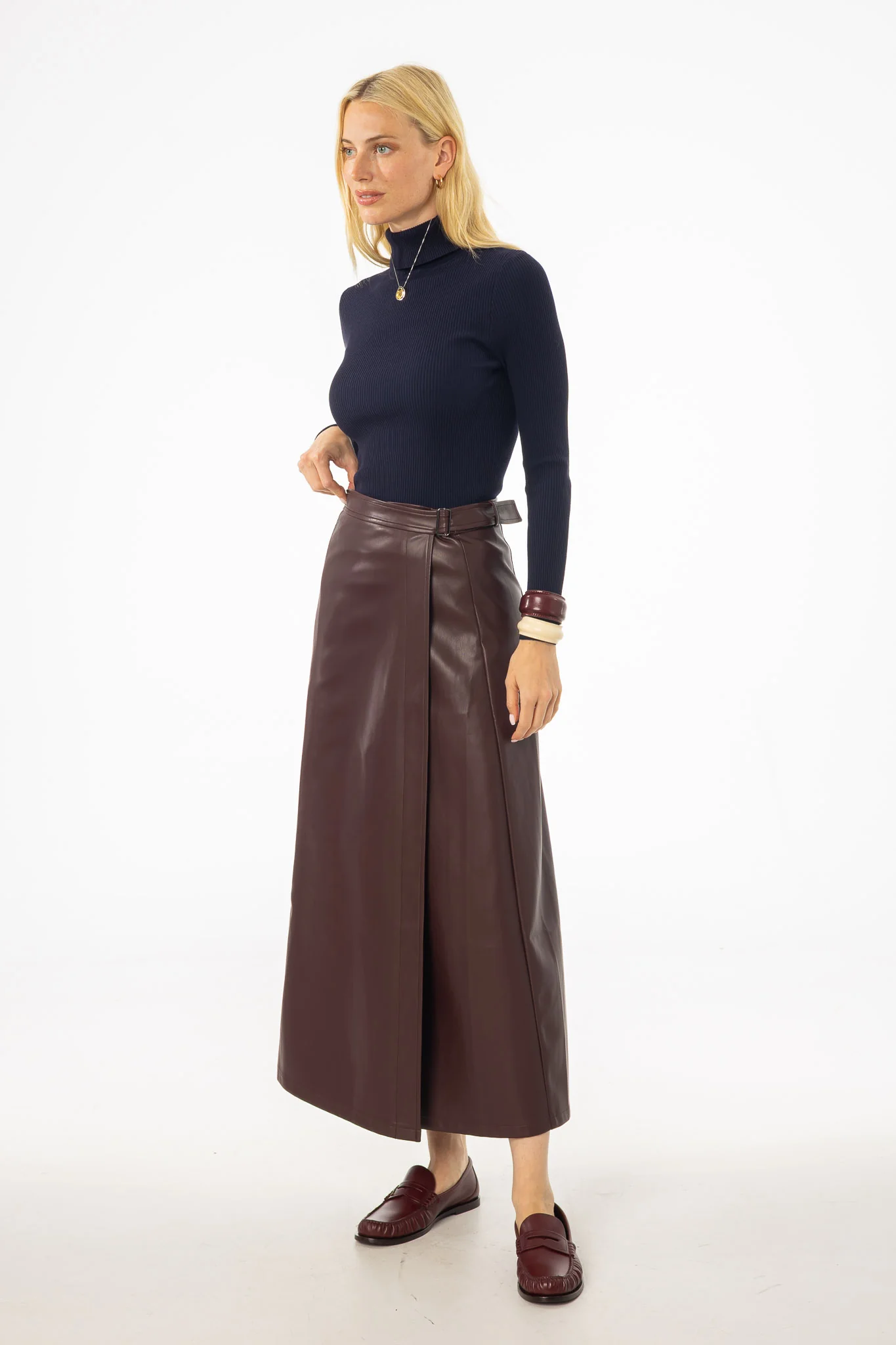 Burgundy Wrap Vegan Leather Maxi Skirt - Image 4