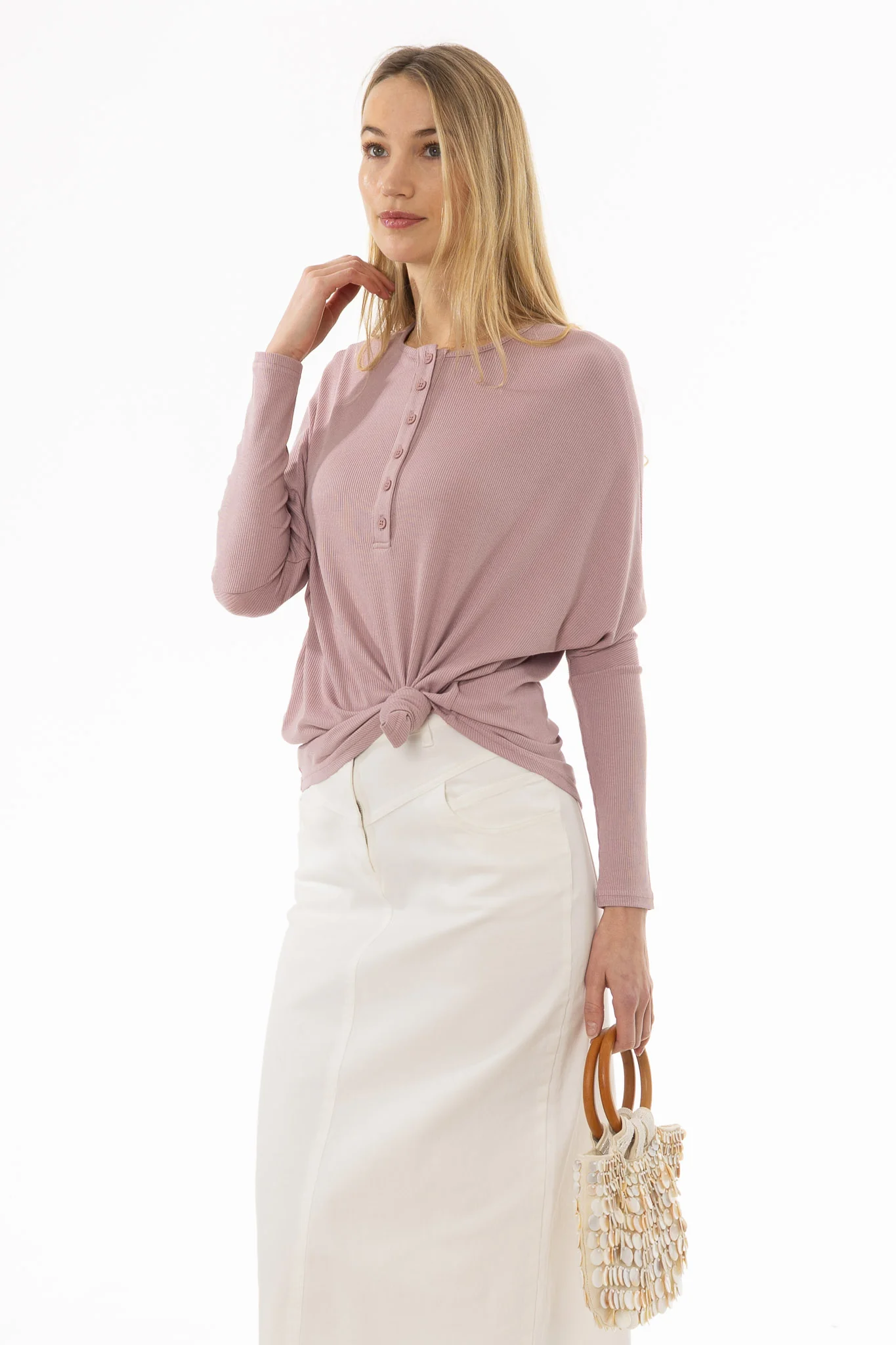 Mauve Henley Dolman T-Shirt - Image 3