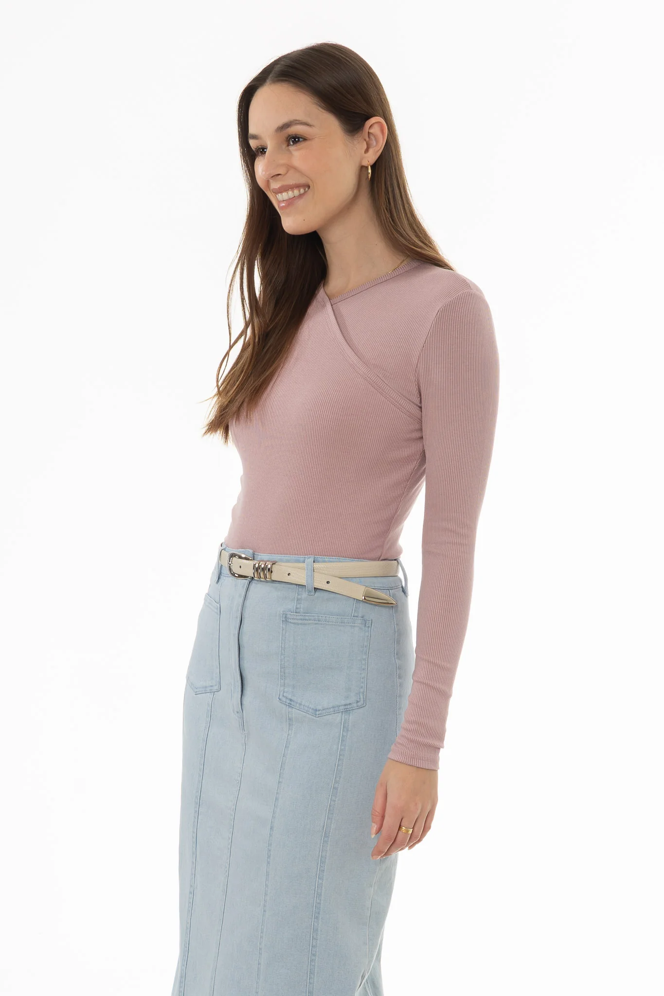 Mauve Ribbed Faux Wrap T-Shirt - Image 3
