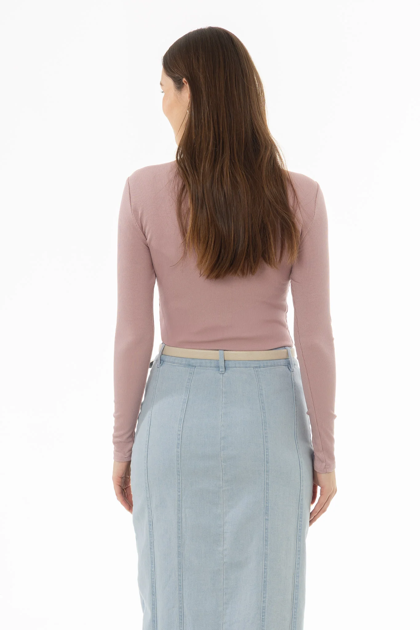 Mauve Ribbed Faux Wrap T-Shirt - Image 4