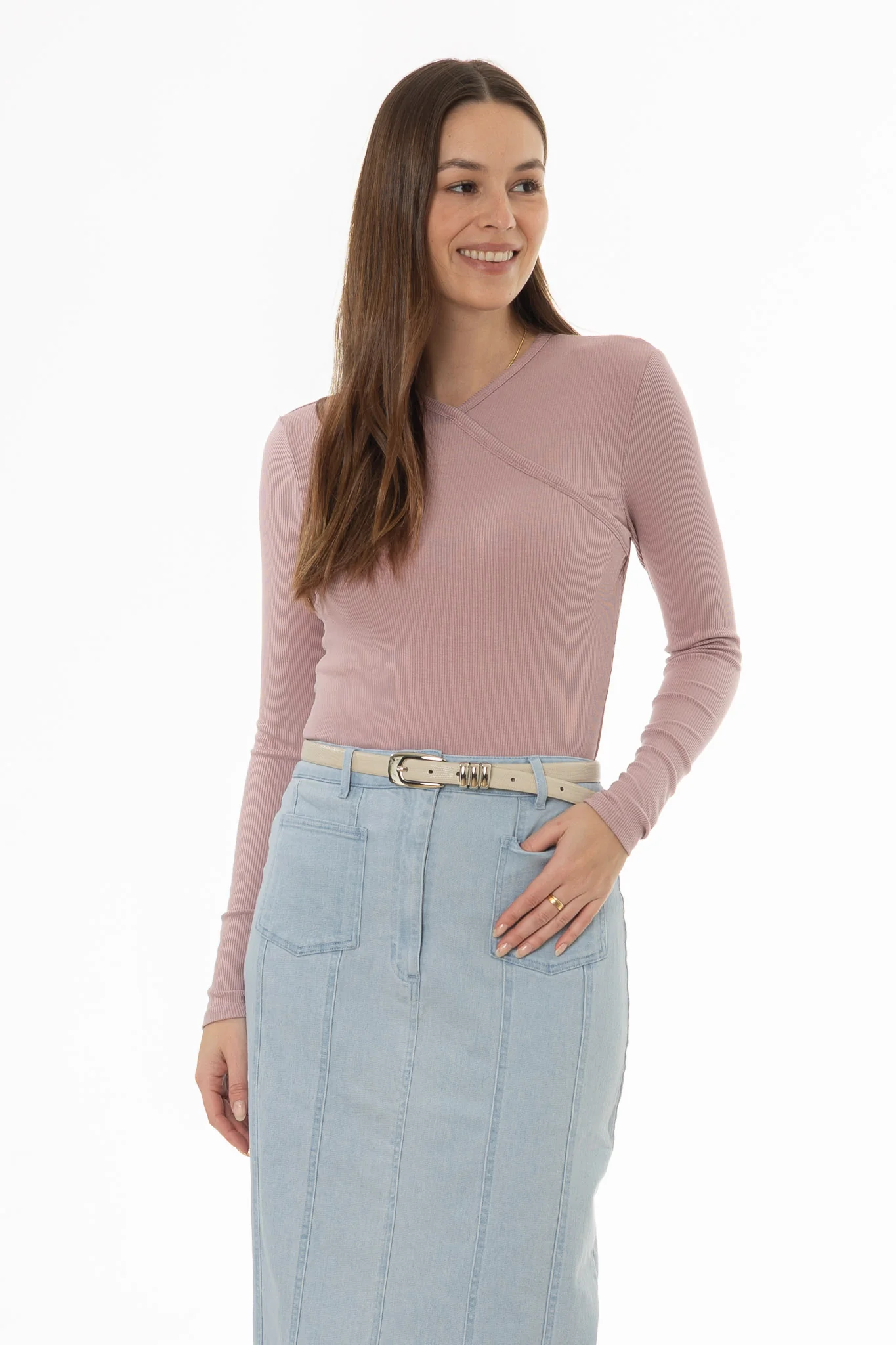Mauve Ribbed Faux Wrap T-Shirt - Image 5