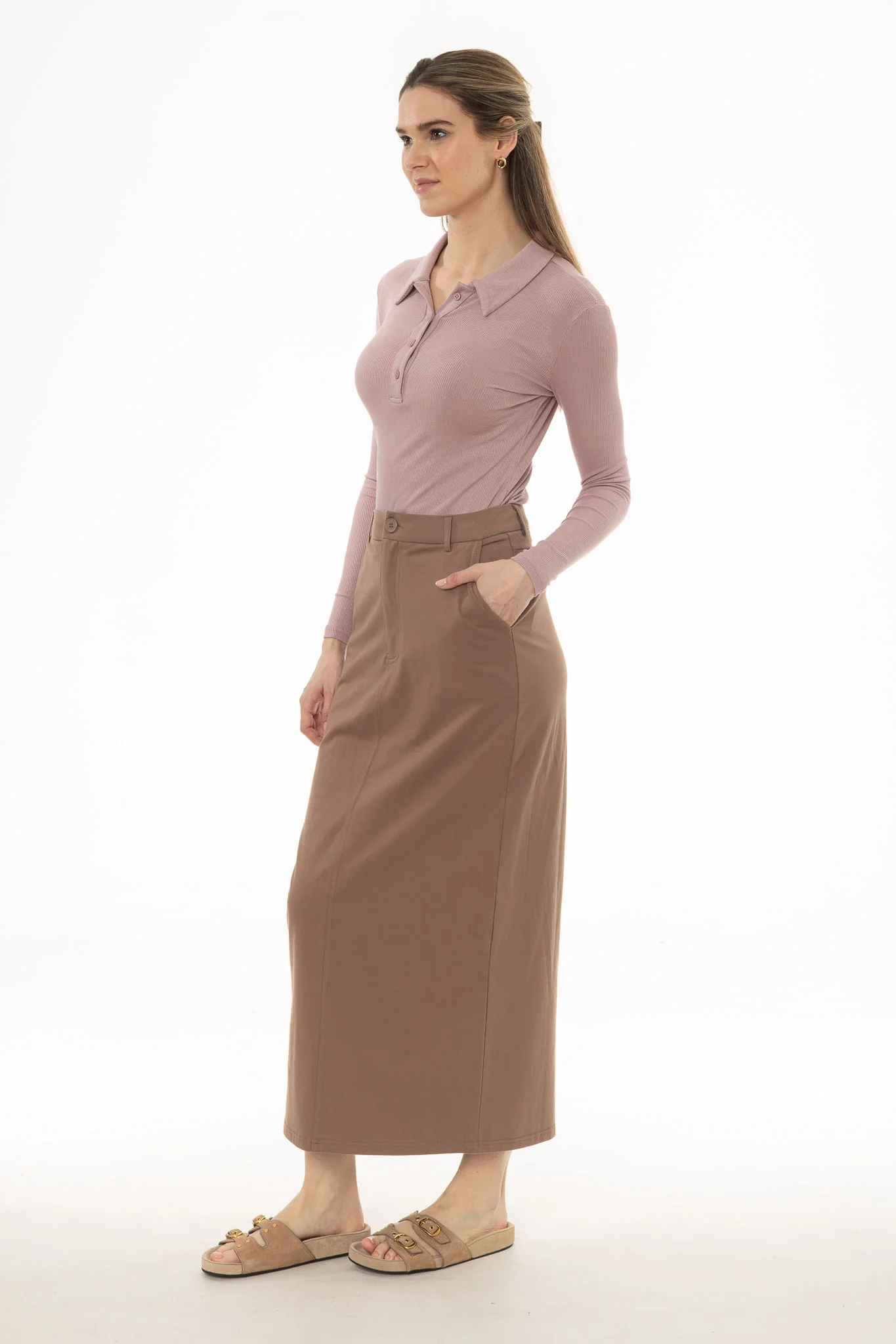 Mocha Basic Stretch Cotton Maxi Skirt - Image 3