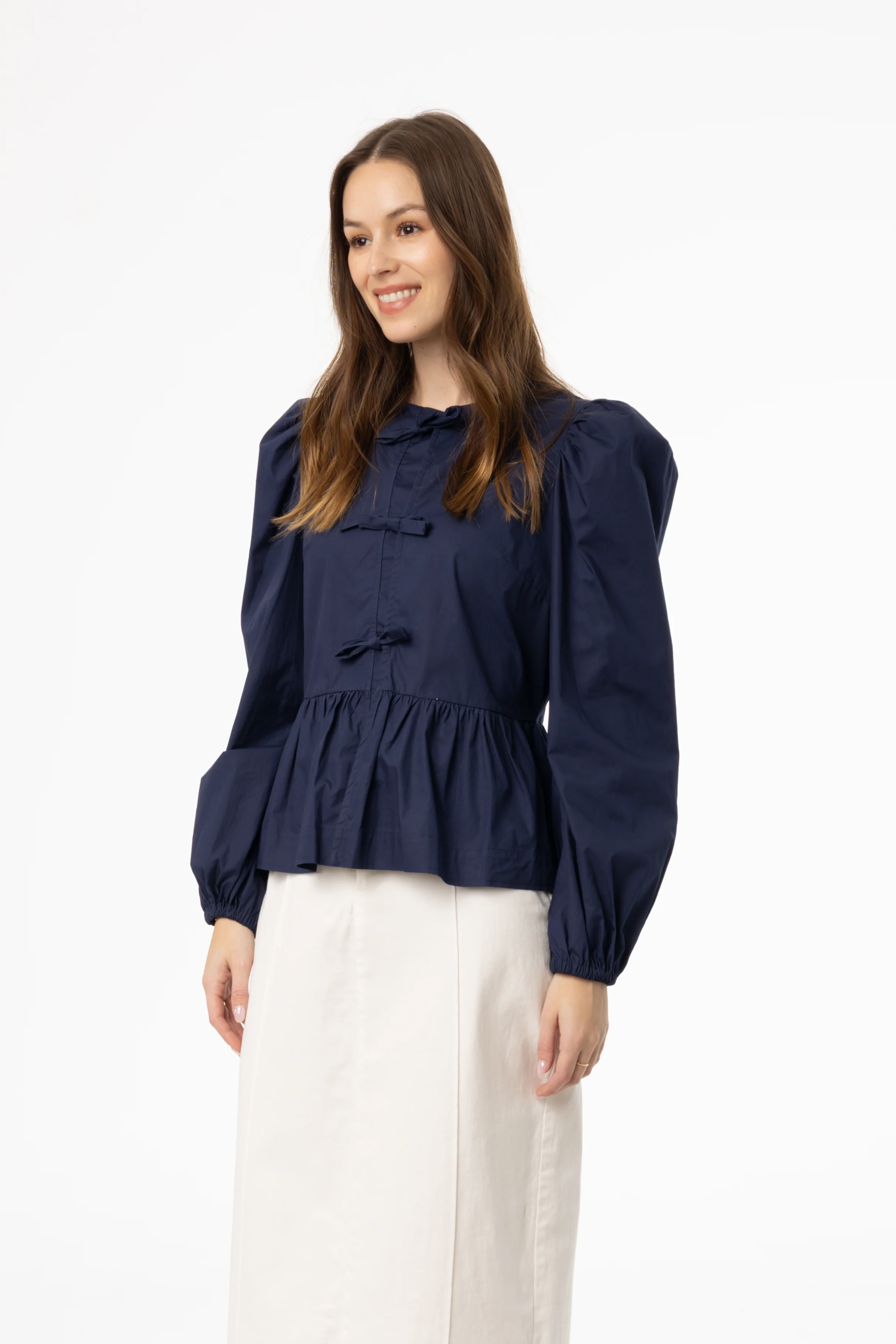 Navy Cotton Bow Blouse - Image 2